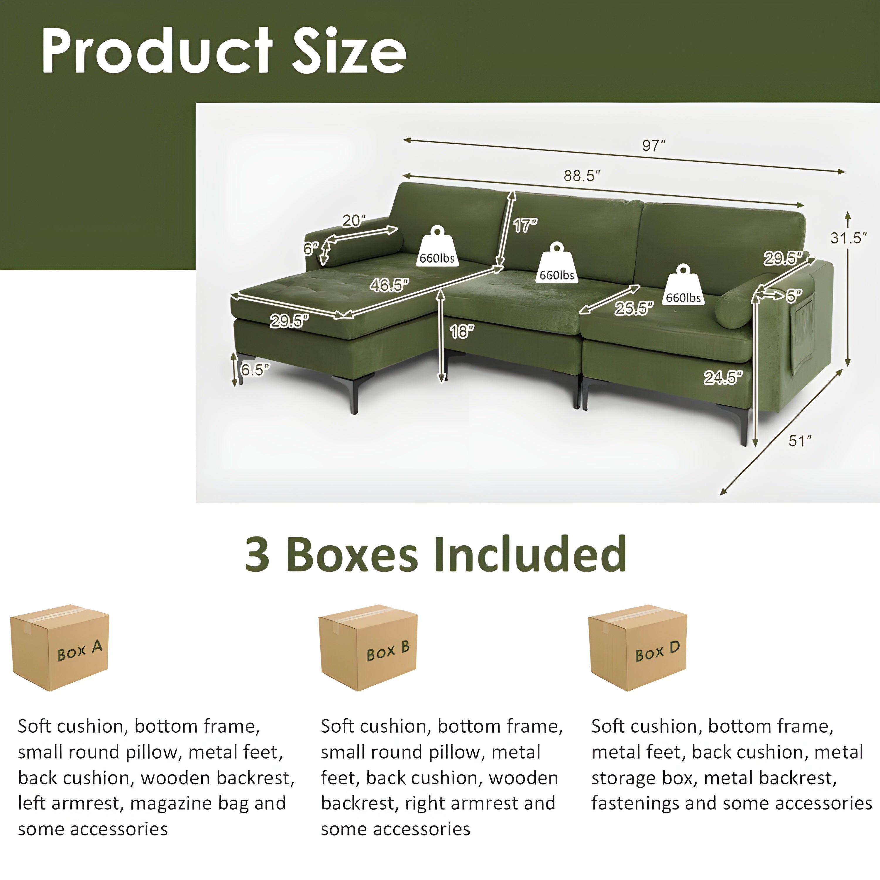 Costway Sofa Modular L-Shaped 3-Seat Sectional with Reversible Chaise and USB Ports New - HV10310GN-A+HV10310GN-B+HV10310US-GN-D