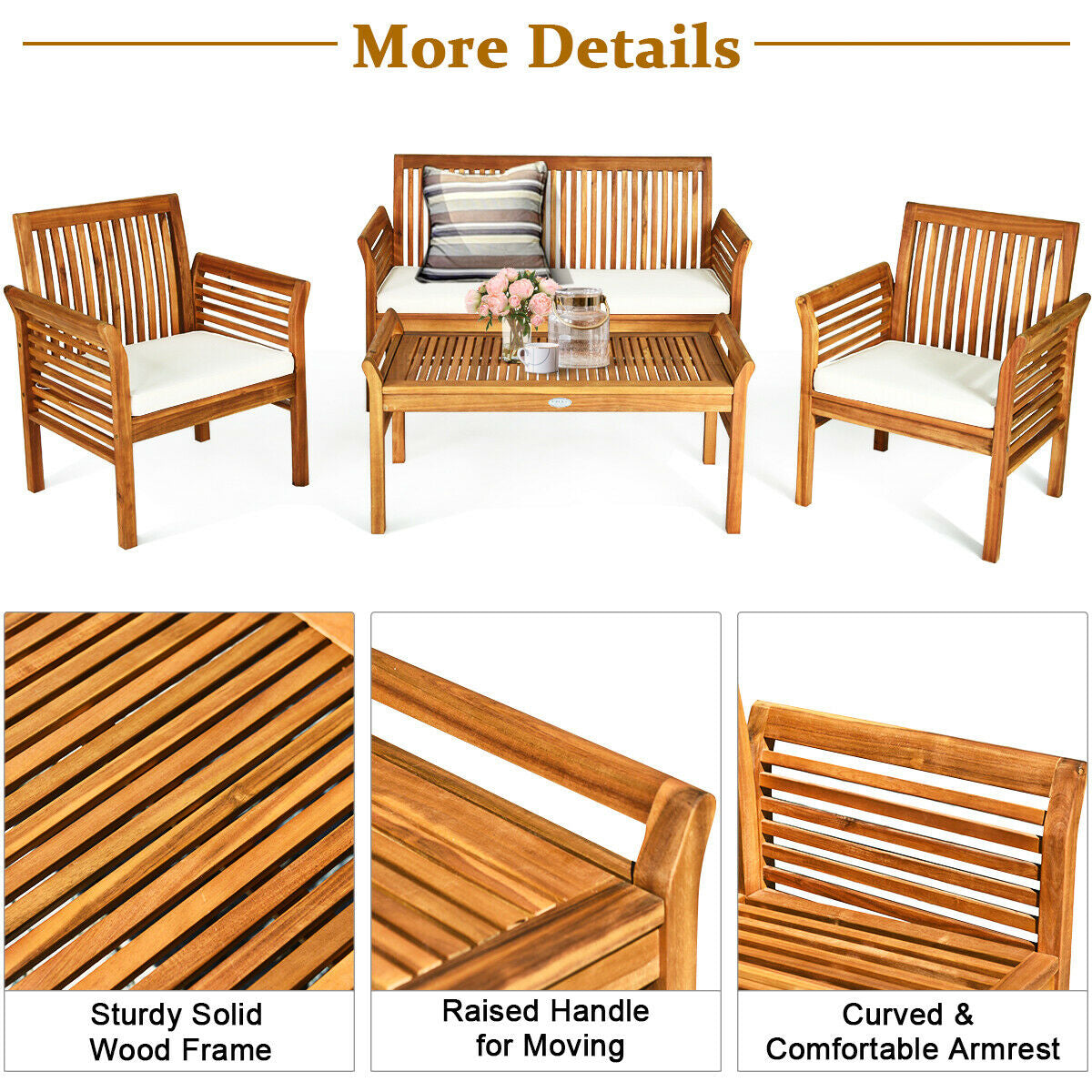 Costway Patio Furniture Set Outdoor Acacia Wood 4 Piece New - HW63884