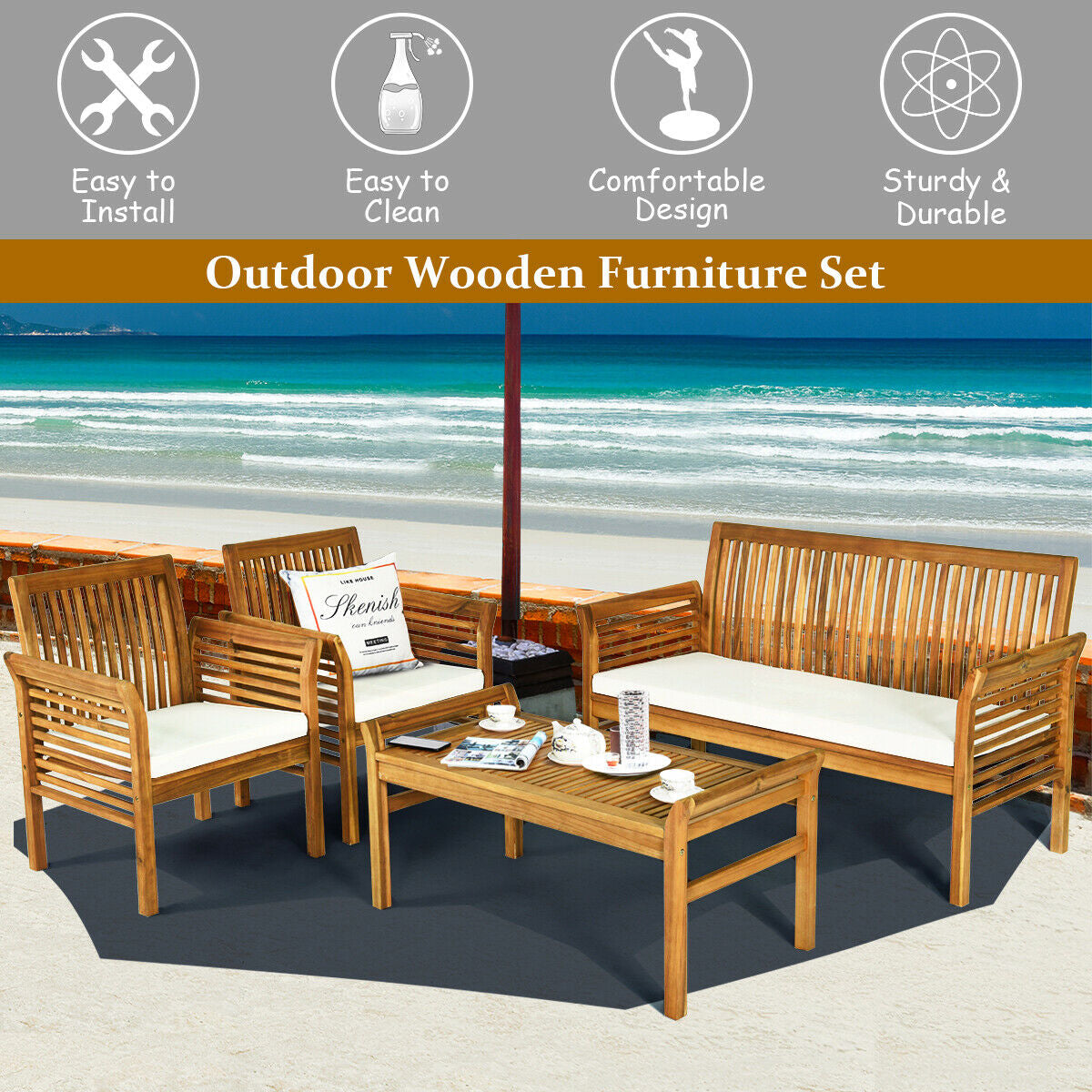 Costway Patio Furniture Set Outdoor Acacia Wood 4 Piece New - HW63884