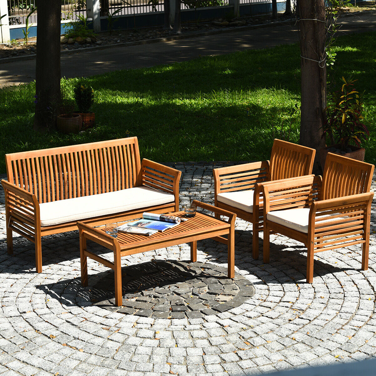 Costway Patio Furniture Set Outdoor Acacia Wood 4 Piece New - HW63884