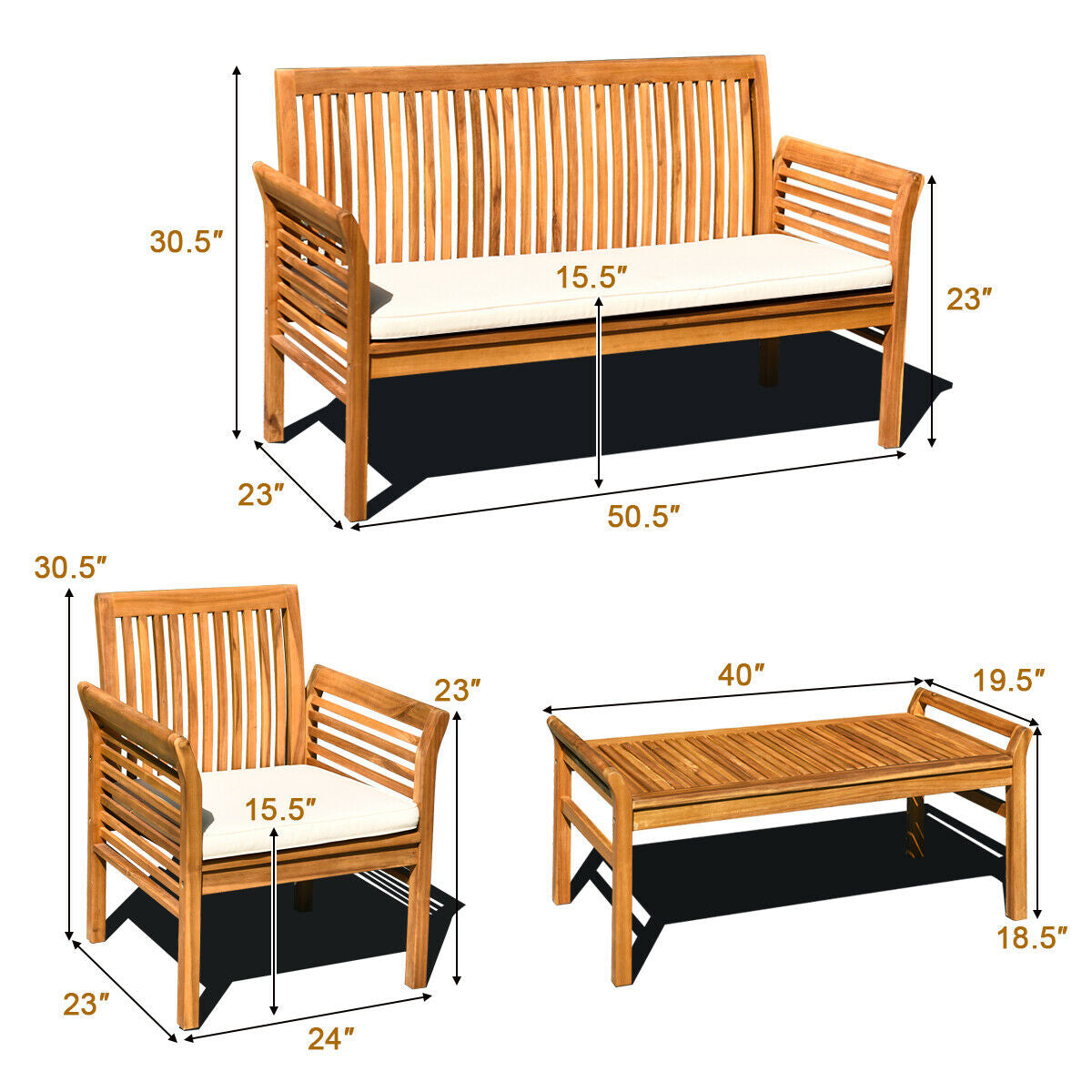 Costway Patio Furniture Set Outdoor Acacia Wood 4 Piece New - HW63884