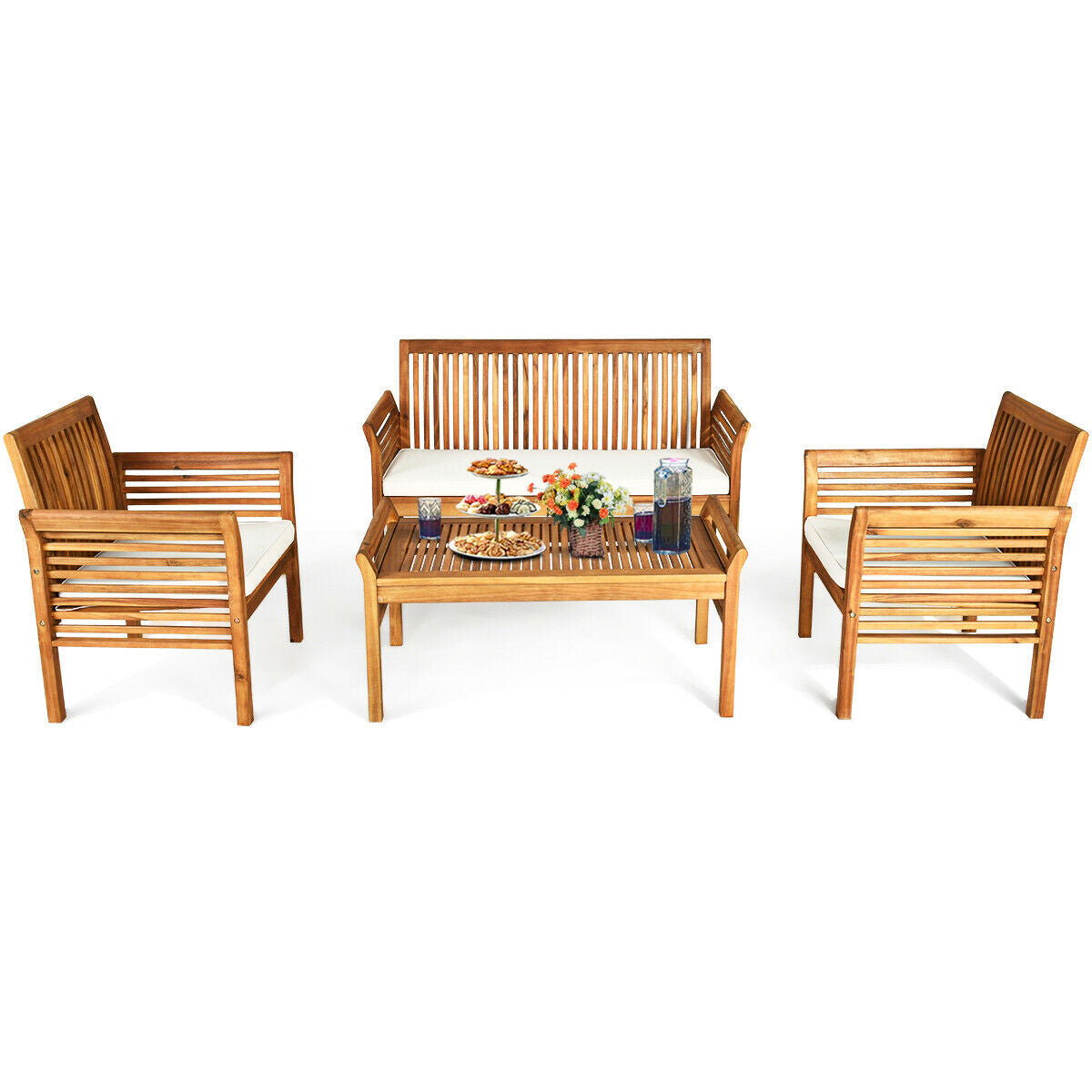 Costway Patio Furniture Set Outdoor Acacia Wood 4 Piece New - HW63884