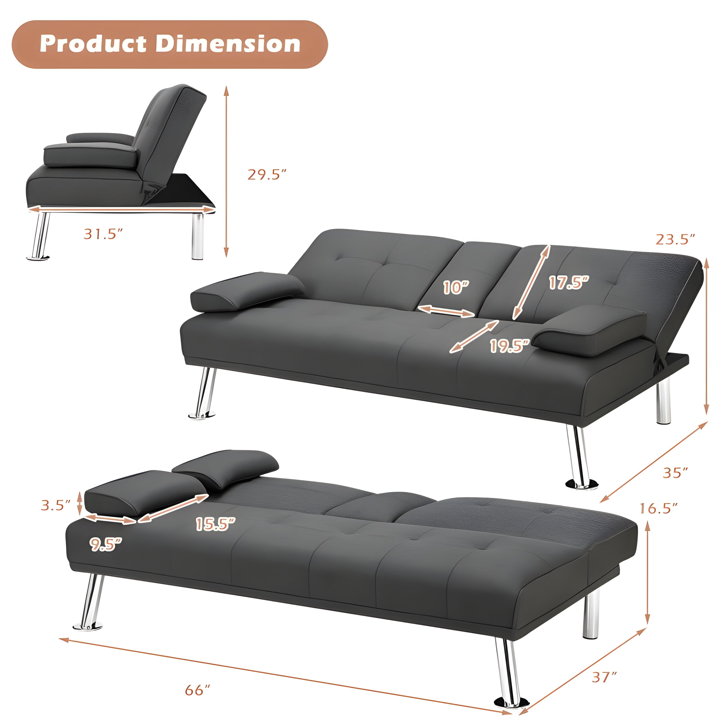 Costway Sofa Convertible Folding Futon with Adjustable Backrest in PU Leather New - HW66915BK