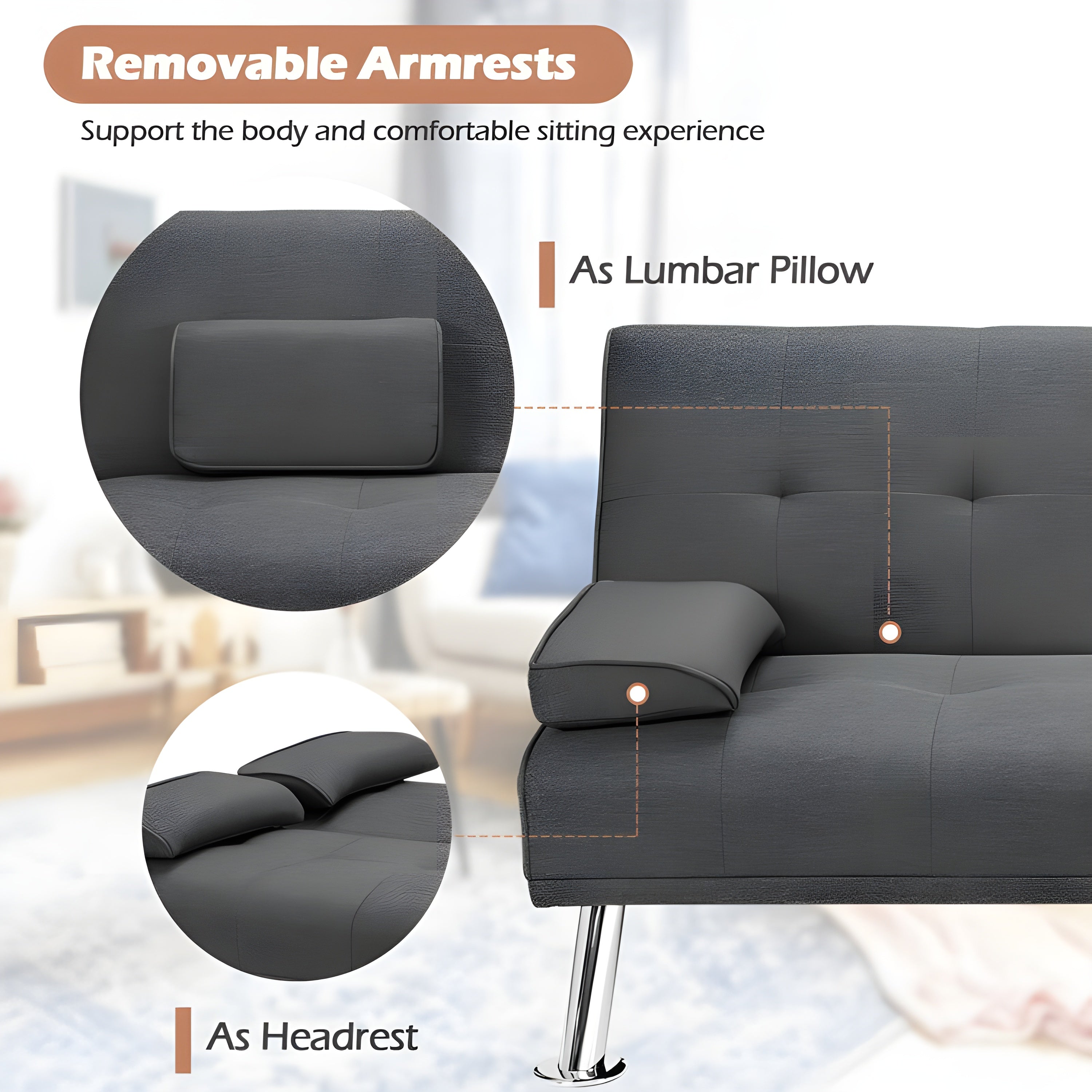 Costway Sofa Convertible Folding Futon with Adjustable Backrest in PU Leather New - HW66915BK