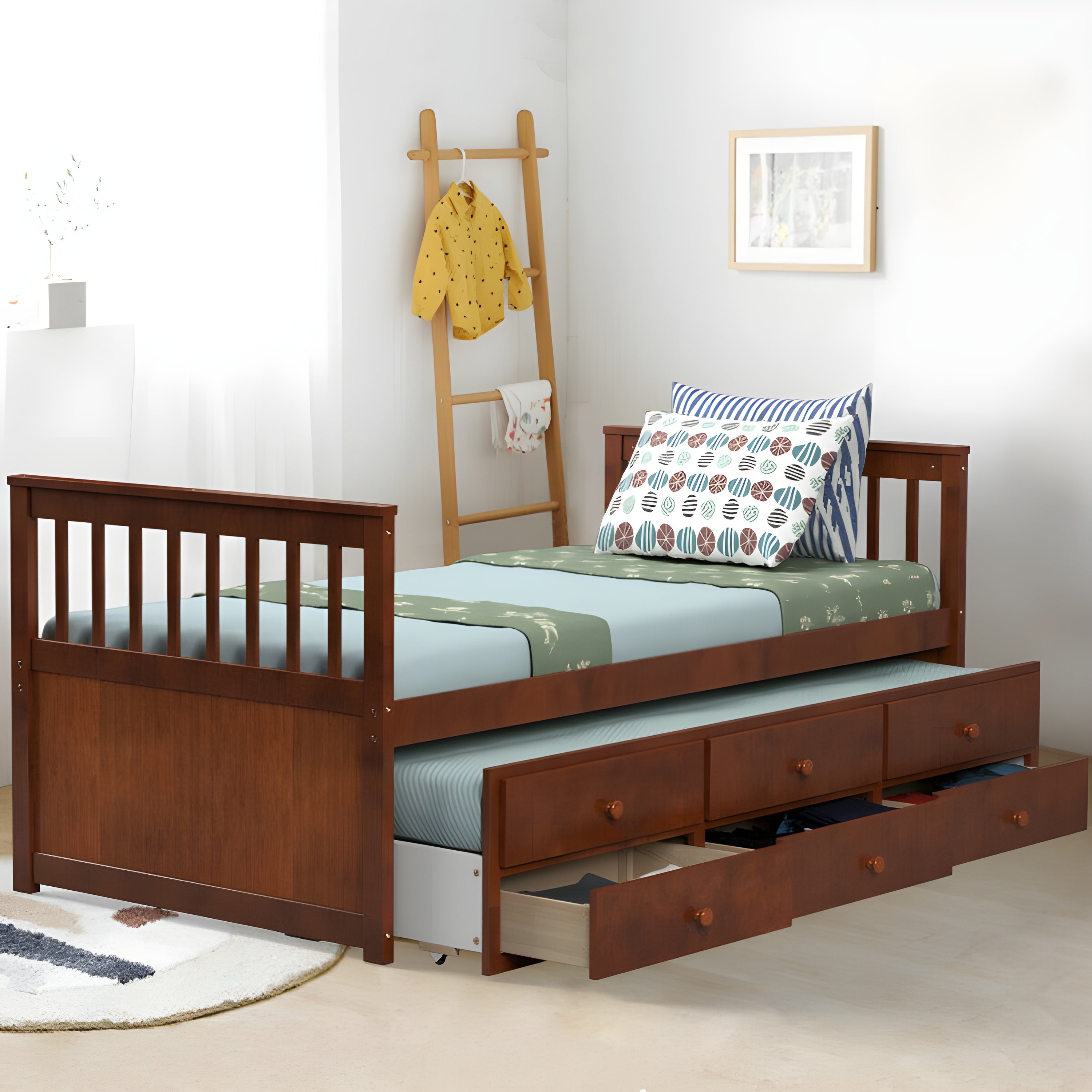 Costway Captain's Bed Twin Size with Trundle Wooden Frame and Built-in Storage Drawers New - HW67134BN+