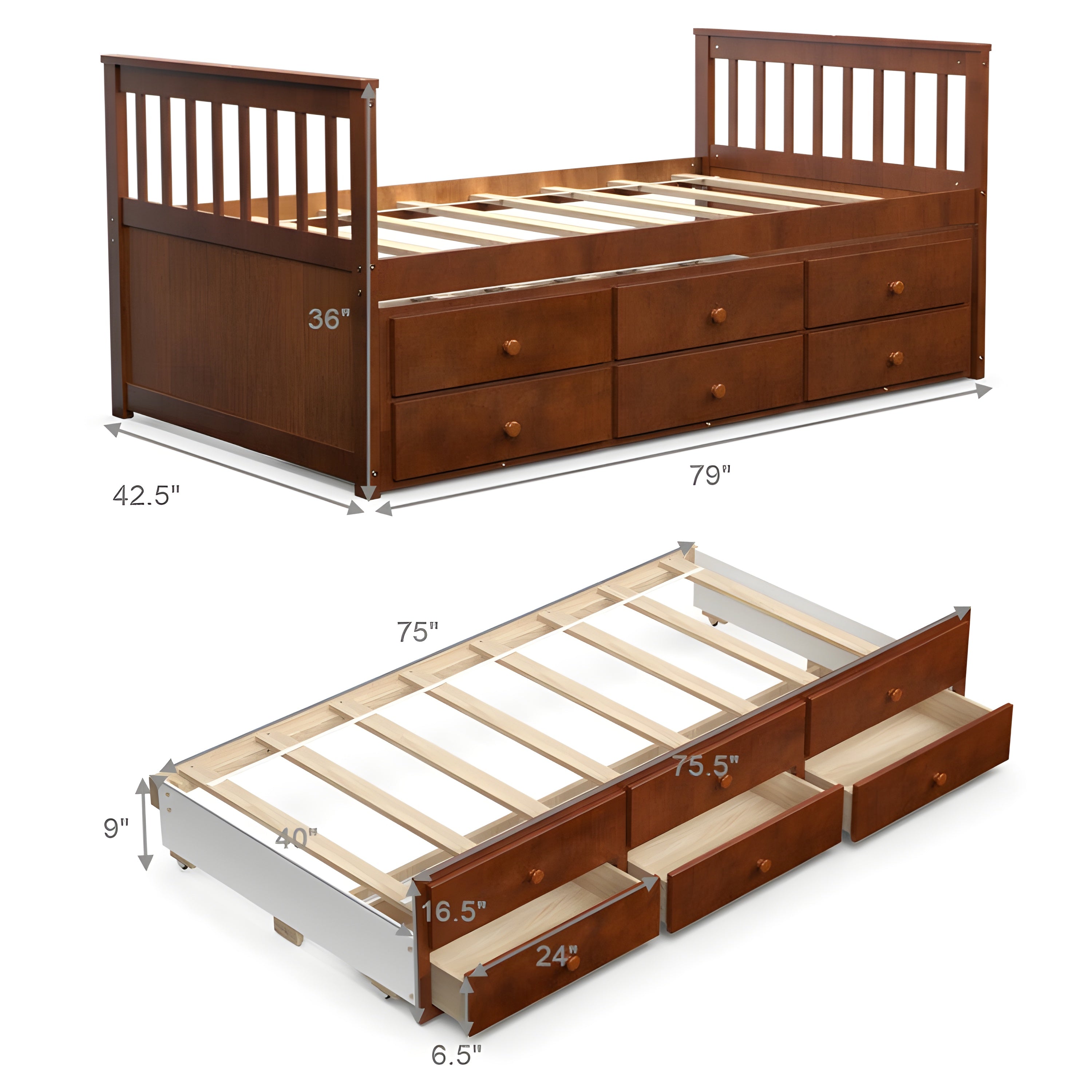 Costway Captain's Bed Twin Size with Trundle Wooden Frame and Built-in Storage Drawers New - HW67134BN+