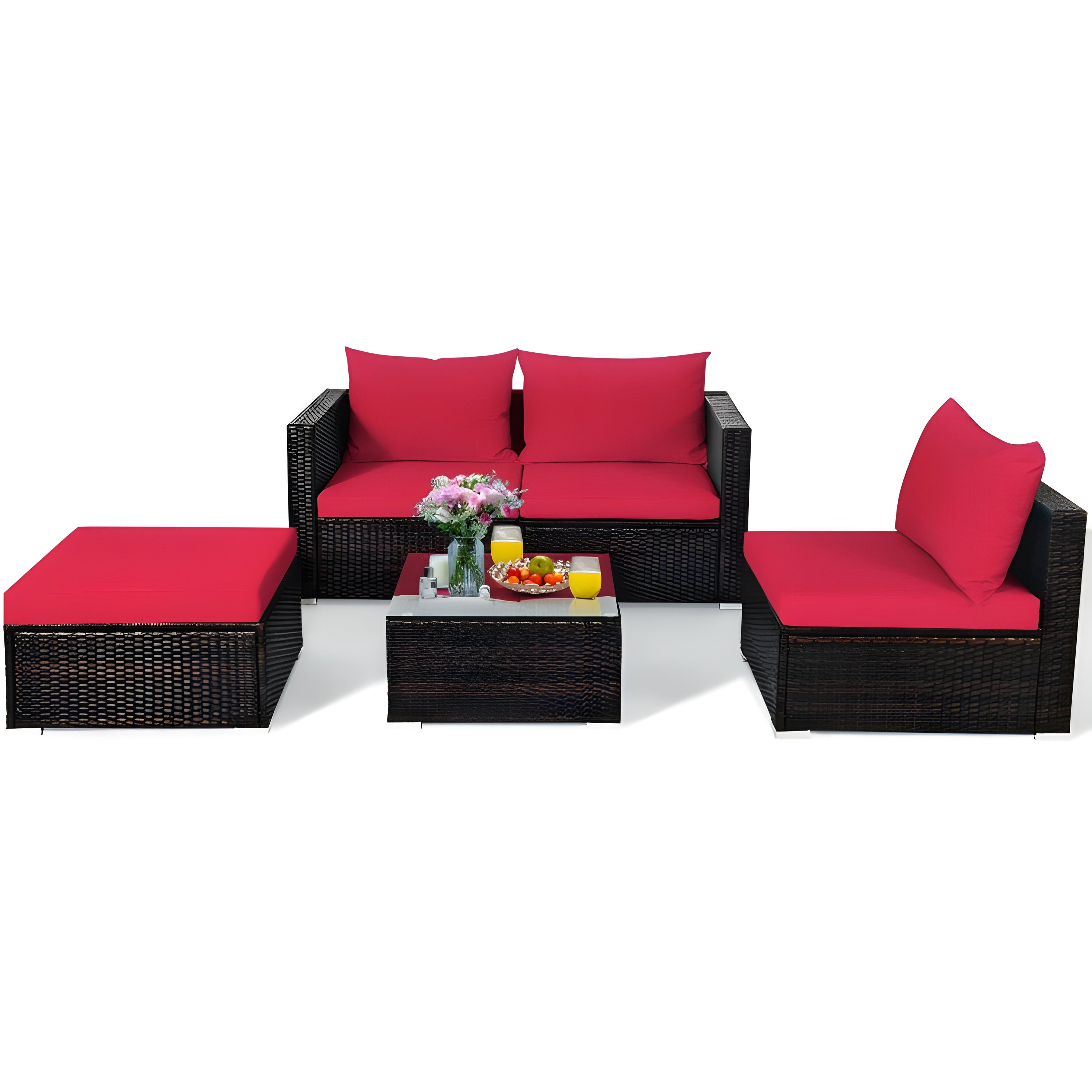 Costway Patio Furniture Set 5 Pieces Rattan Sectional with Cushions and Coffee Table New - HW67769BRE+