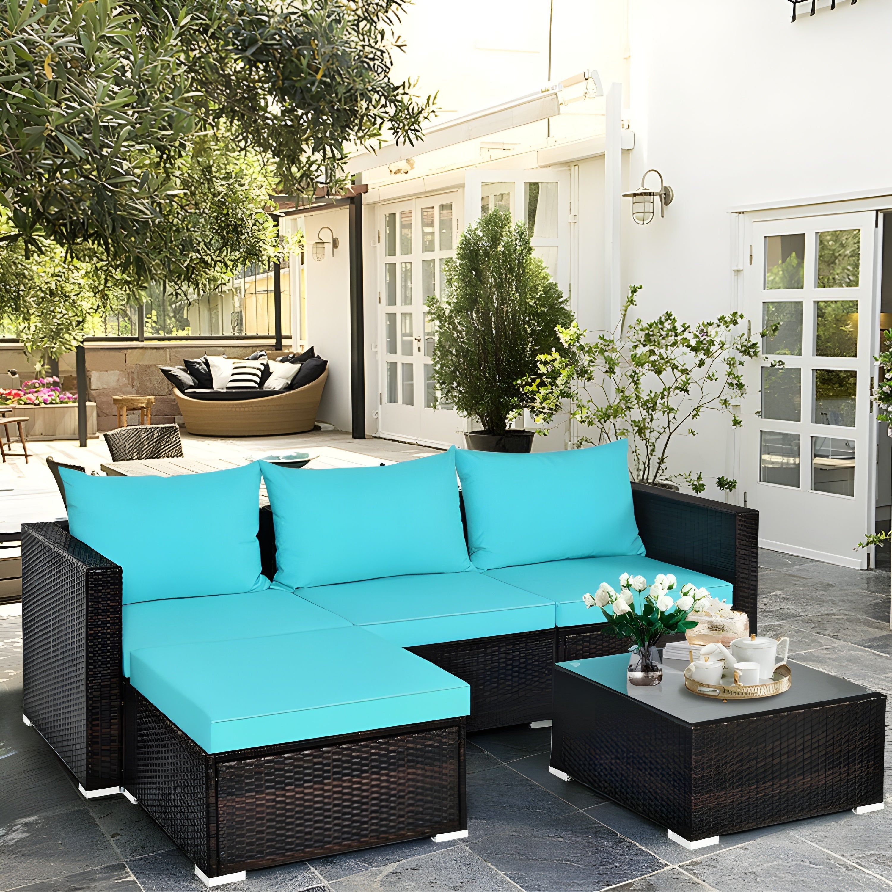 Costway Patio Furniture Set 5 Pieces Rattan Sectional with Cushions and Coffee Table New - HW67769BRE+