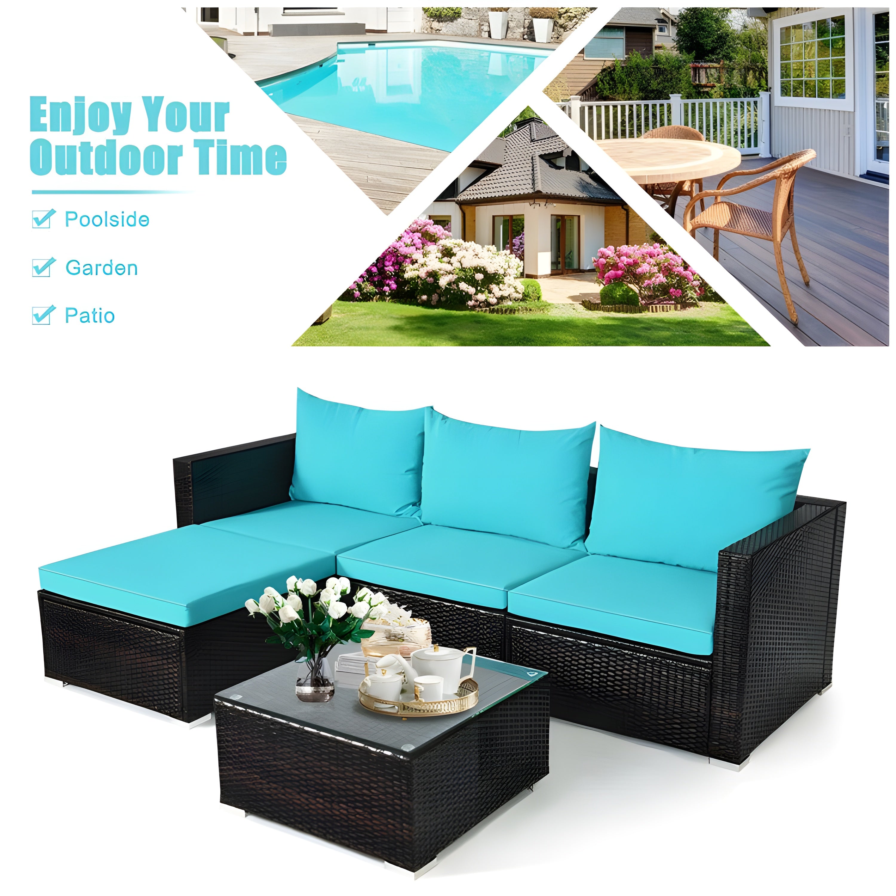 Costway Patio Furniture Set 5 Pieces Rattan Sectional with Cushions and Coffee Table New - HW67769BRE+