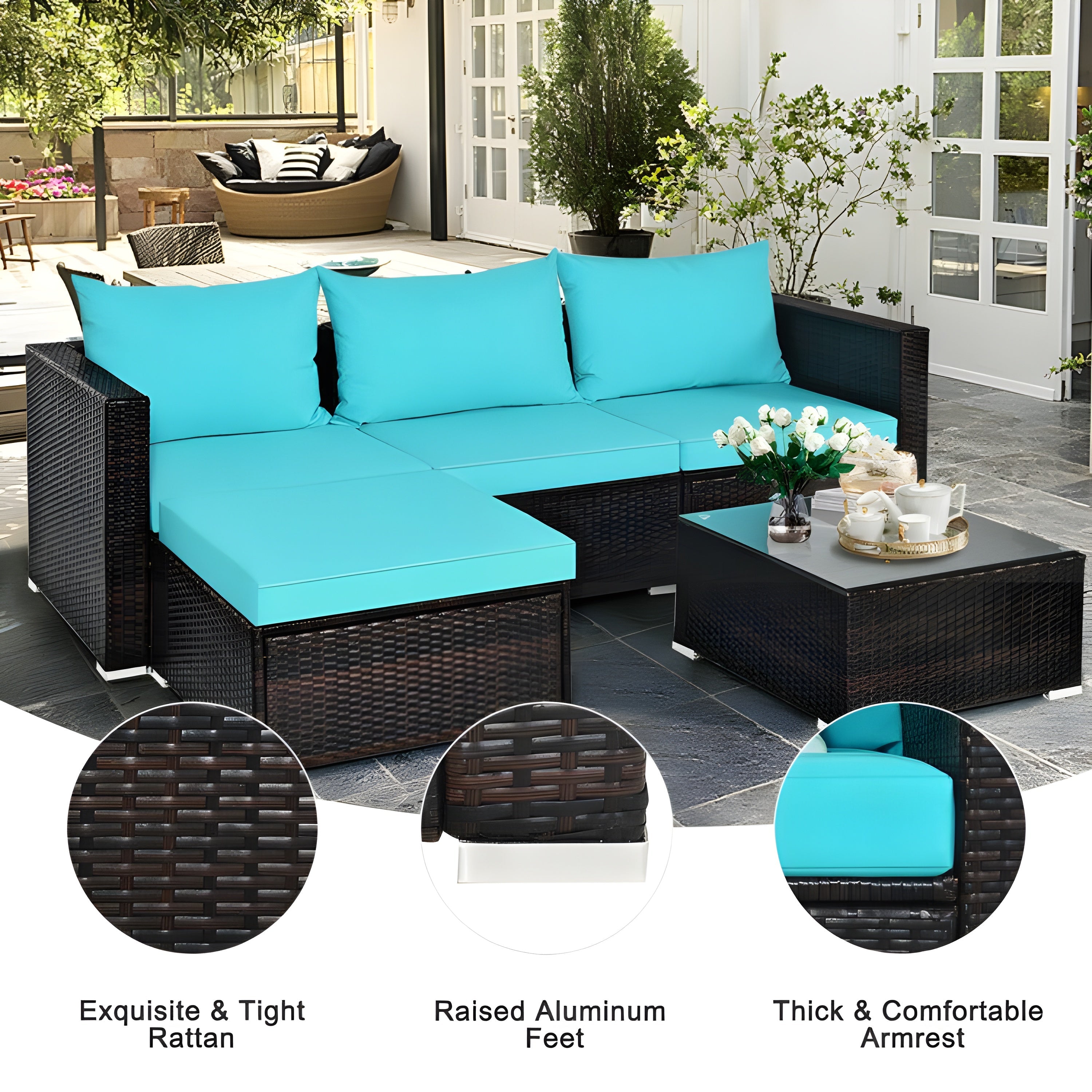 Costway Patio Furniture Set 5 Pieces Rattan Sectional with Cushions and Coffee Table New - HW67769BRE+