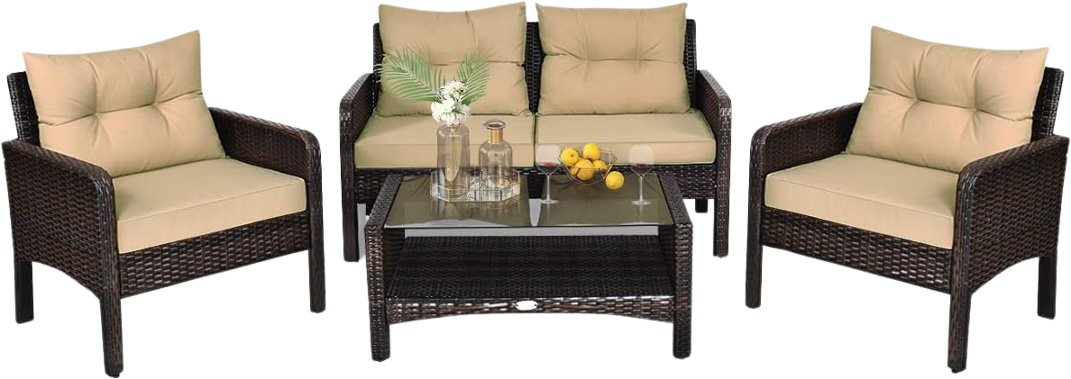 Costway Patio Furniture Set Rattan Outdoor 4 Piece Glass Coffee Table New - HW68637ARE+