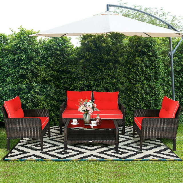 Costway Patio Furniture Set Rattan Outdoor 4 Piece Glass Coffee Table New - HW68637ARE+