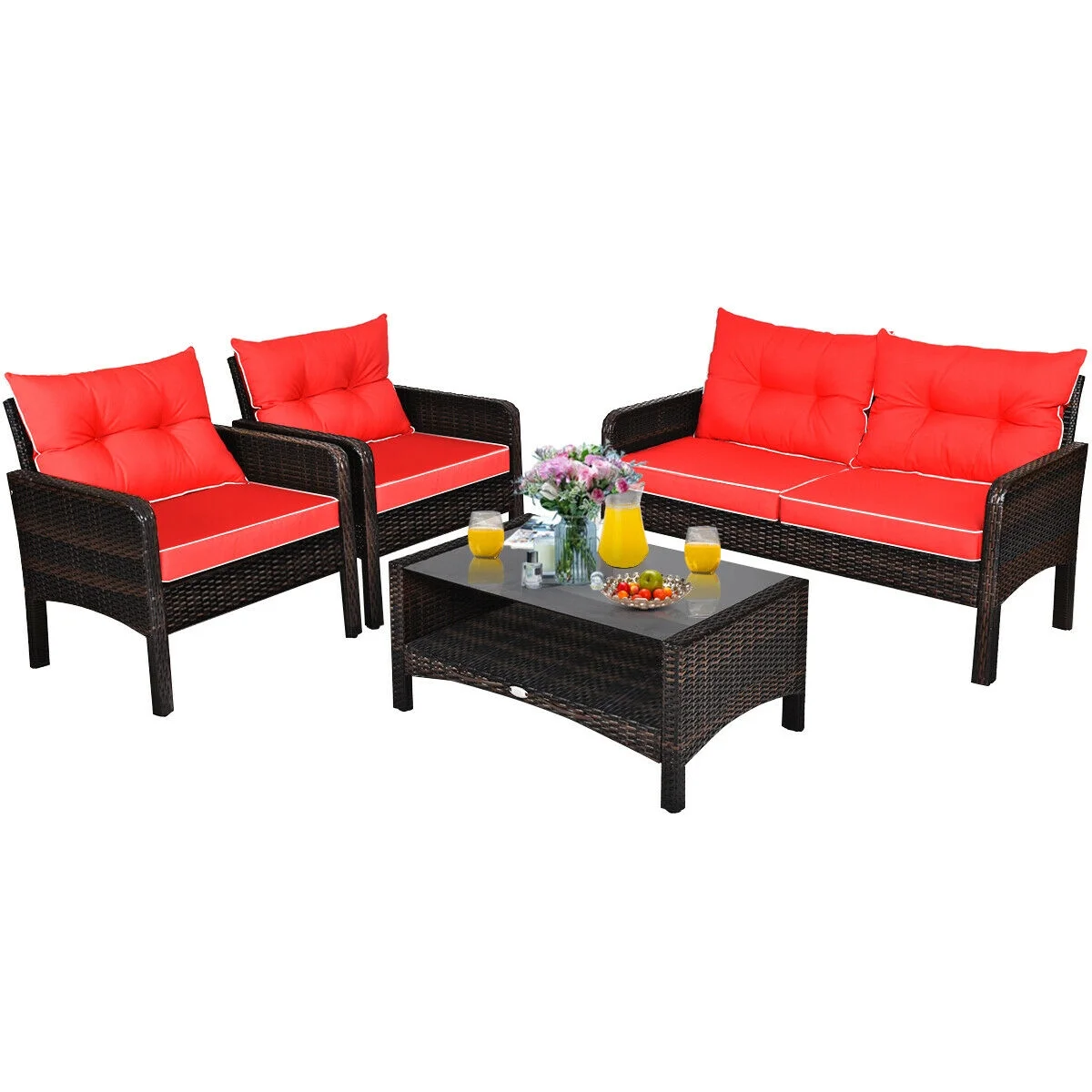 Costway Patio Furniture Set Rattan Outdoor 4 Piece Glass Coffee Table New - HW68637ARE+