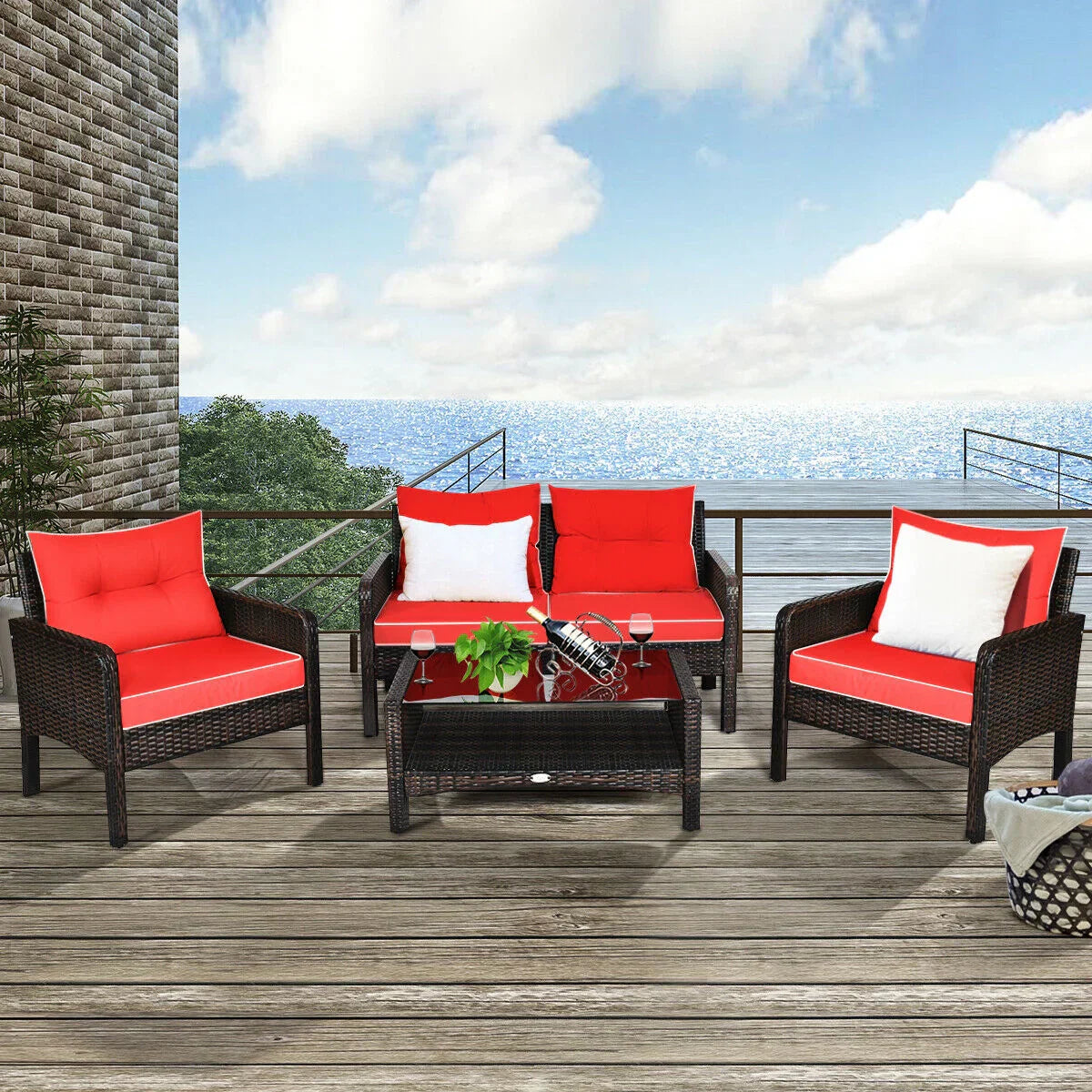 Costway Patio Furniture Set Rattan Outdoor 4 Piece Glass Coffee Table New - HW68637ARE+