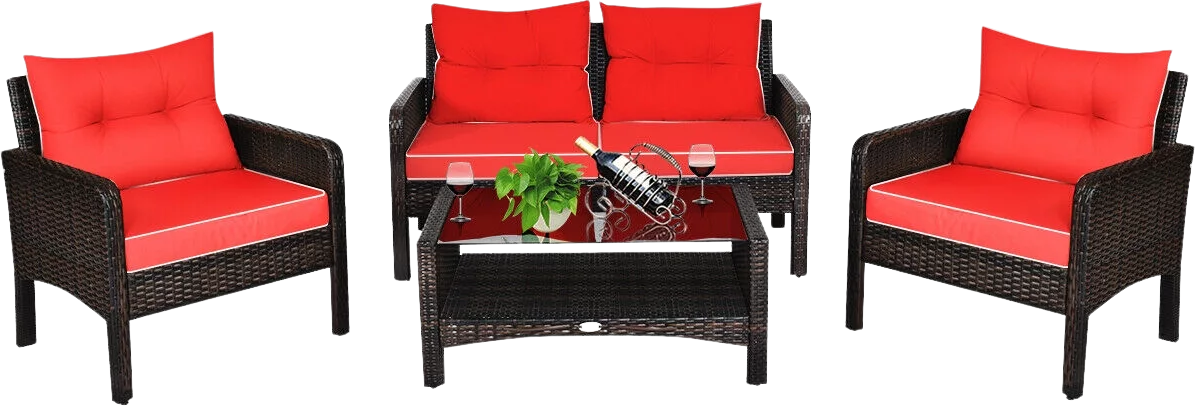 Costway Patio Furniture Set Rattan Outdoor 4 Piece Glass Coffee Table New - HW68637ARE+