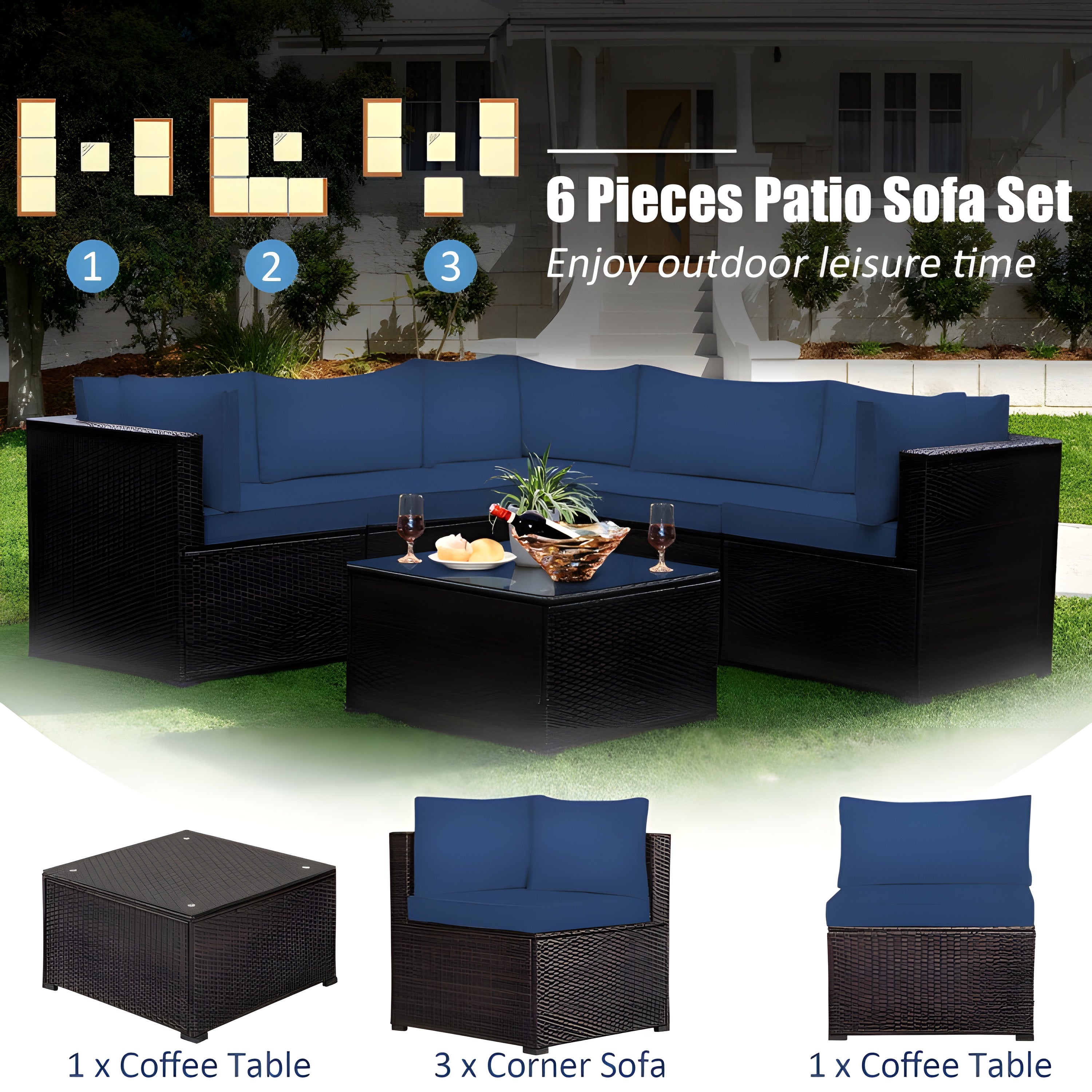 Costway Patio Furniture 6 Pcs Rattan Sectional Sofa Set with Cushions and Coffee Table New - HW70624DK+