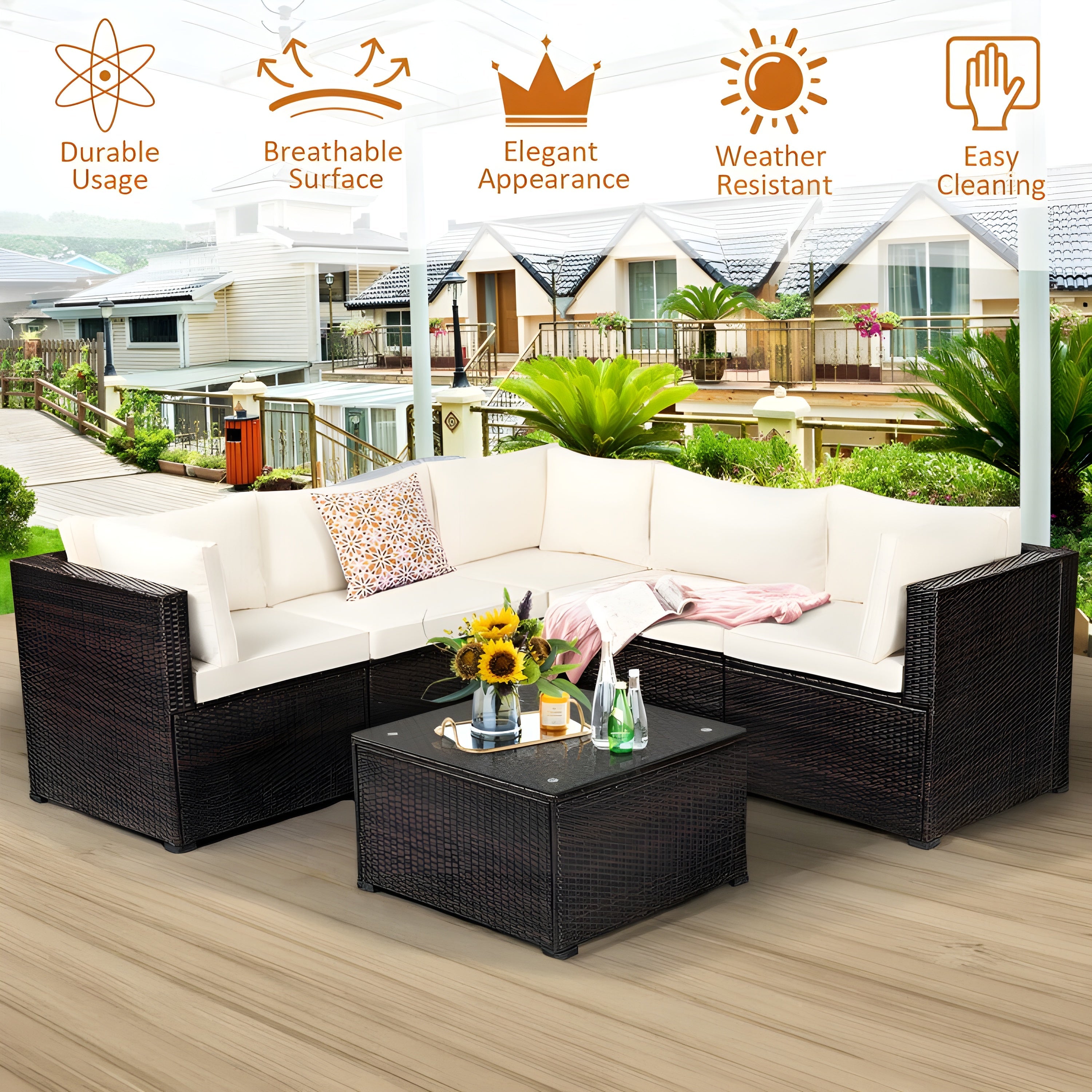 Costway Patio Furniture 6 Pcs Rattan Sectional Sofa Set with Cushions and Coffee Table New - HW70624DK+