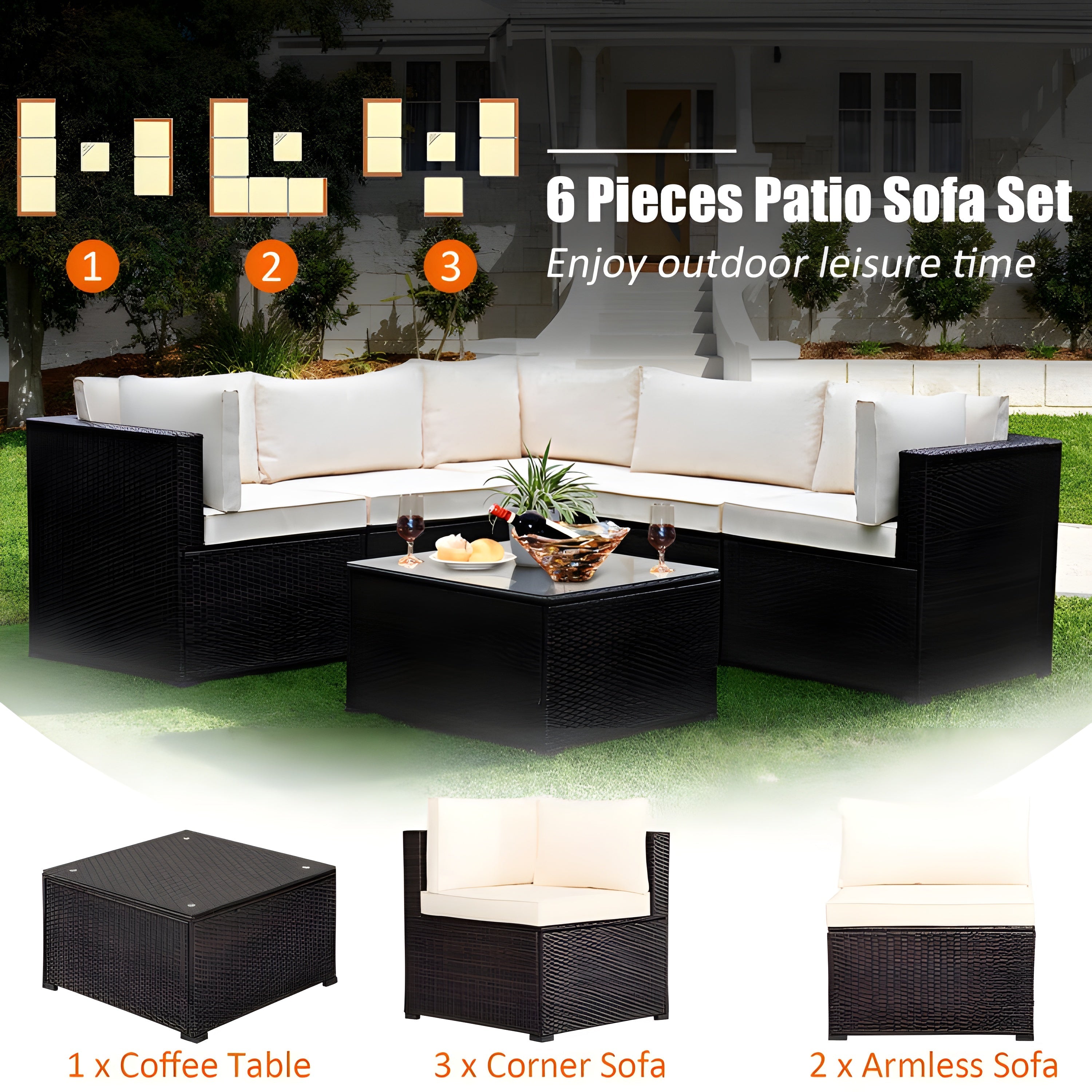 Costway Patio Furniture 6 Pcs Rattan Sectional Sofa Set with Cushions and Coffee Table New - HW70624DK+