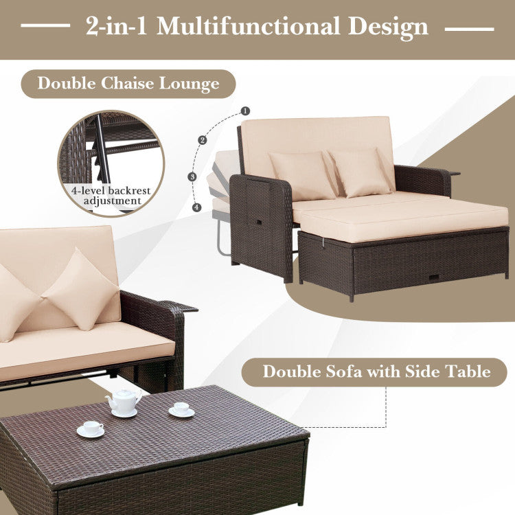 Costway Patio Rattan Loveseat Sofa and Multipurpose Ottoman with Adjustable Backrest Dark Brown New - HW70644BN+