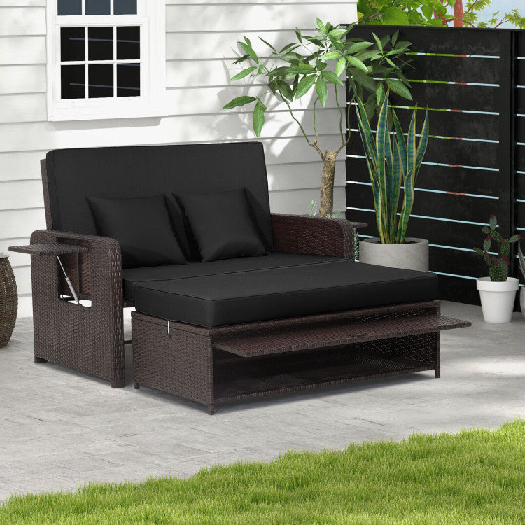 Costway Patio Rattan Loveseat Sofa and Multipurpose Ottoman with Adjustable Backrest Dark Brown New - HW70644BN+