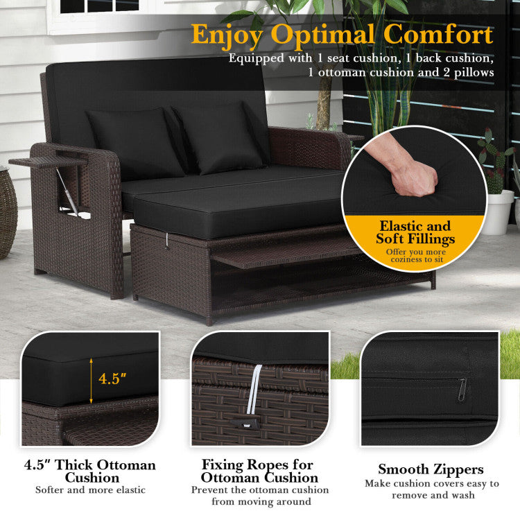 Costway Patio Rattan Loveseat Sofa and Multipurpose Ottoman with Adjustable Backrest Dark Brown New - HW70644BN+