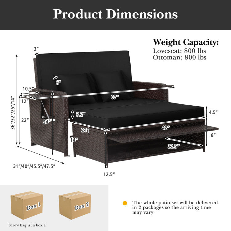 Costway Patio Rattan Loveseat Sofa and Multipurpose Ottoman with Adjustable Backrest Dark Brown New - HW70644BN+