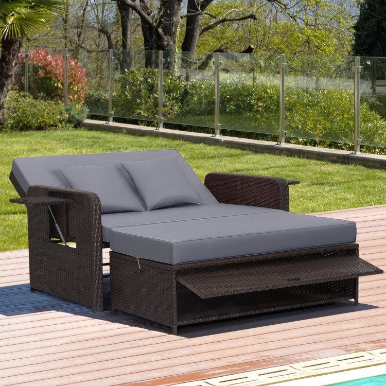 Costway Patio Rattan Loveseat Sofa and Multipurpose Ottoman with Adjustable Backrest Dark Brown New - HW70644BN+