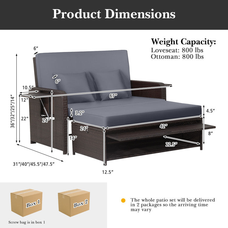 Costway Patio Rattan Loveseat Sofa and Multipurpose Ottoman with Adjustable Backrest Dark Brown New - HW70644BN+