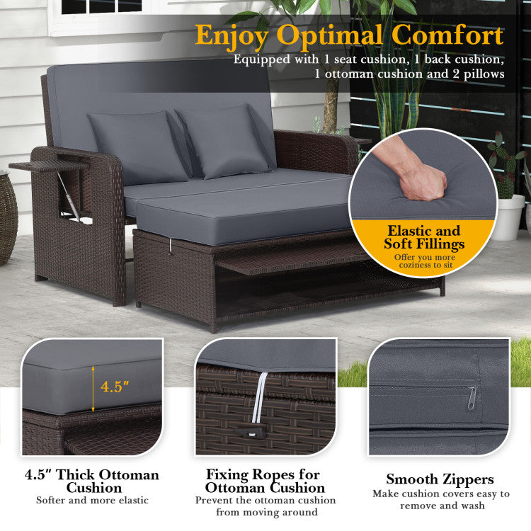 Costway Patio Rattan Loveseat Sofa and Multipurpose Ottoman with Adjustable Backrest Dark Brown New - HW70644BN+