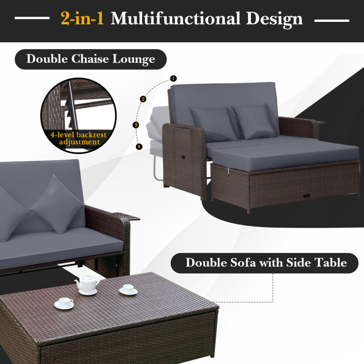 Costway Patio Rattan Loveseat Sofa and Multipurpose Ottoman with Adjustable Backrest Dark Brown New - HW70644BN+