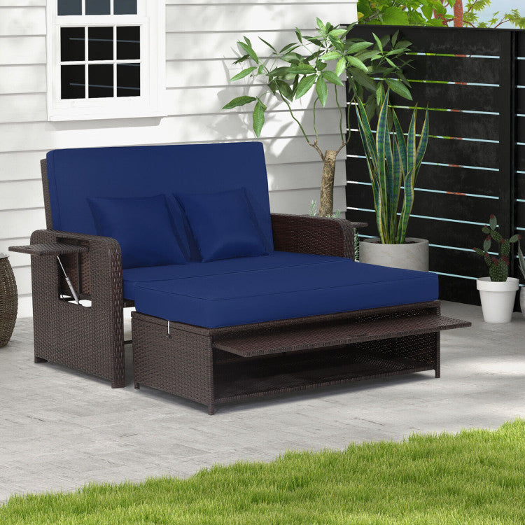 Costway Patio Rattan Loveseat Sofa and Multipurpose Ottoman with Adjustable Backrest Dark Brown New - HW70644BN+