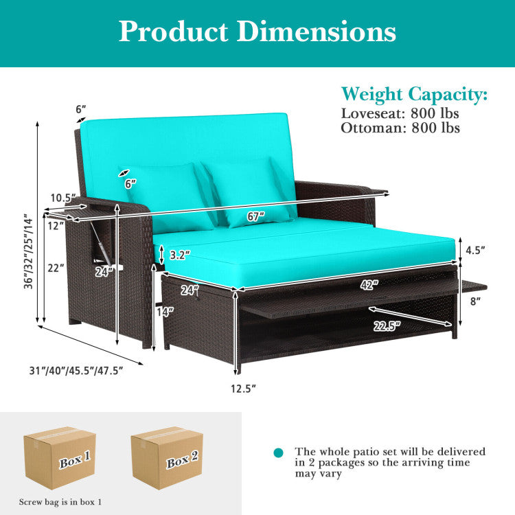 Costway Patio Rattan Loveseat Sofa and Multipurpose Ottoman with Adjustable Backrest Dark Brown New - HW70644BN+