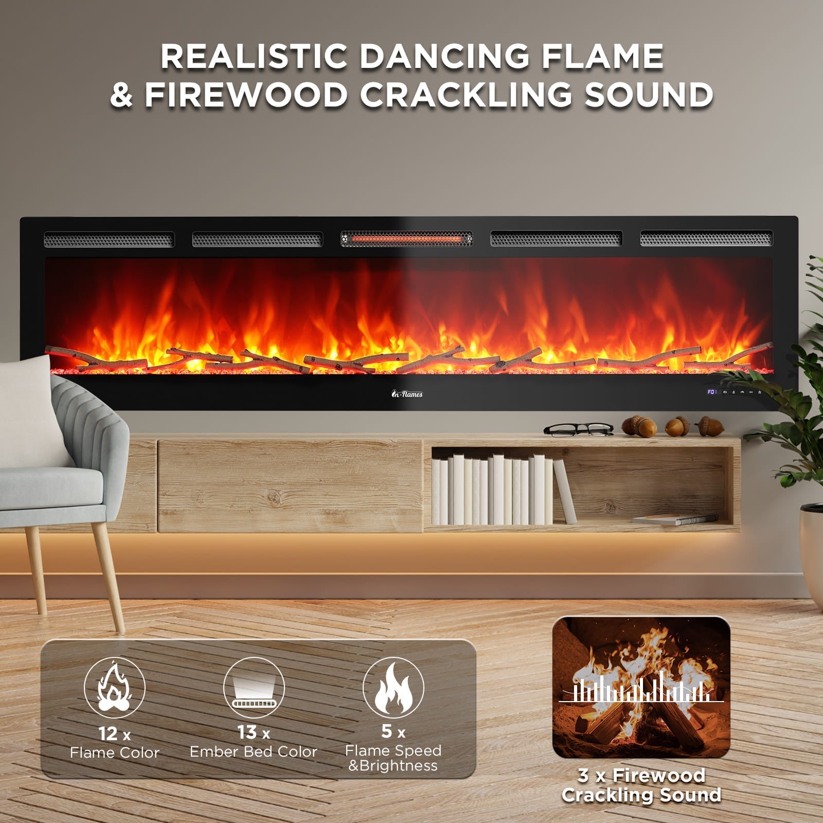 In Flames INF72W-3D WiFi Smart Wall Mounted Electric Fireplace - Tempered Glass - Backyard Provider