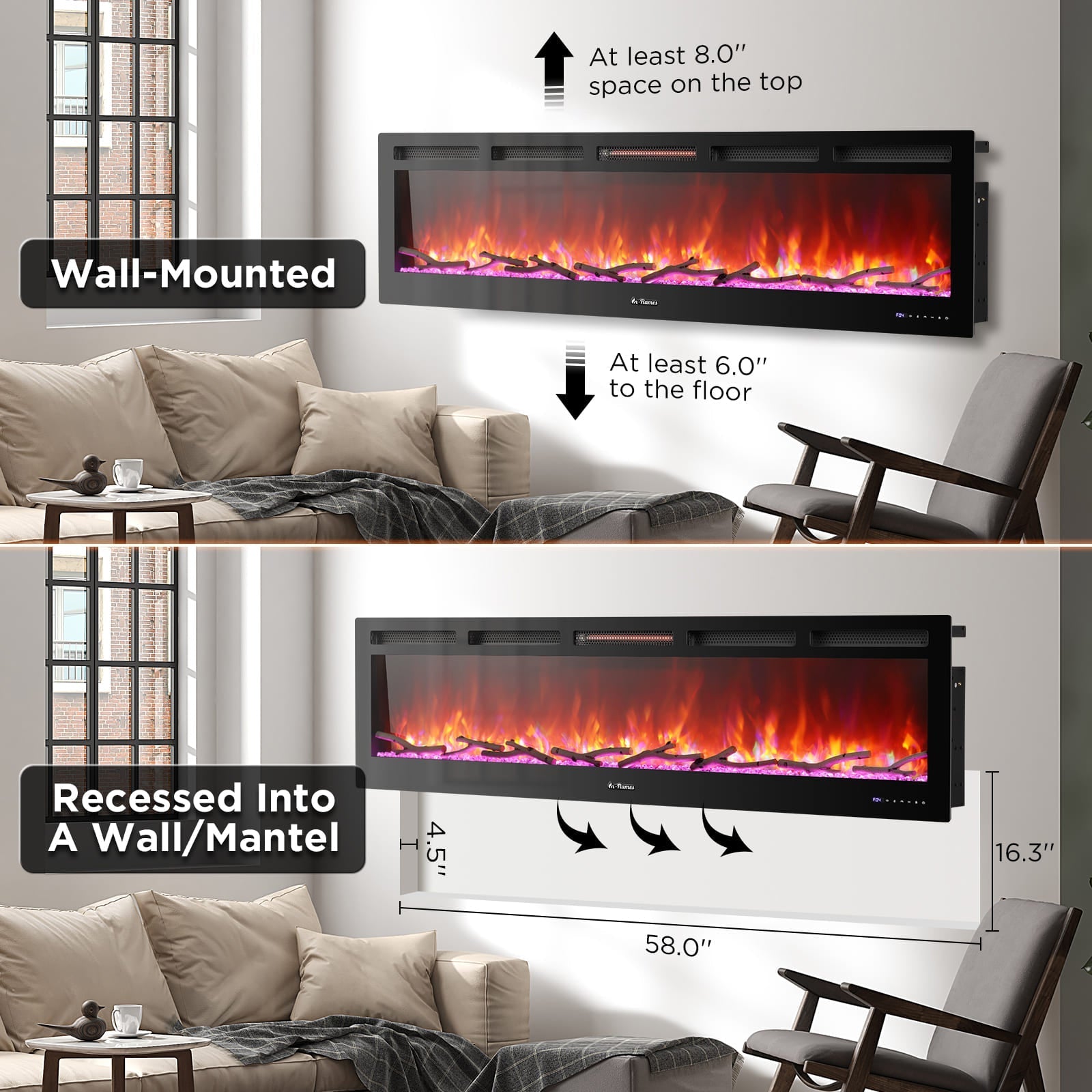 In Flames INF72W-3D WiFi Smart Wall Mounted Electric Fireplace - Tempered Glass - Backyard Provider