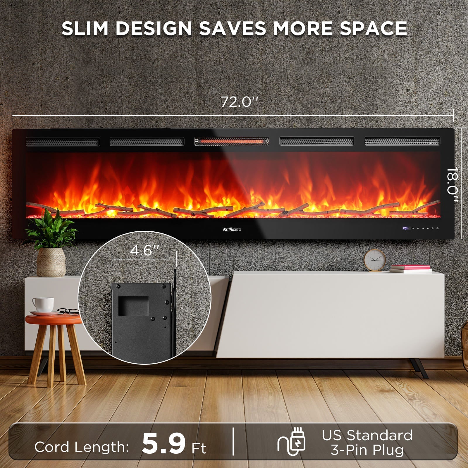 In Flames INF72W-3D WiFi Smart Wall Mounted Electric Fireplace - Tempered Glass - Backyard Provider