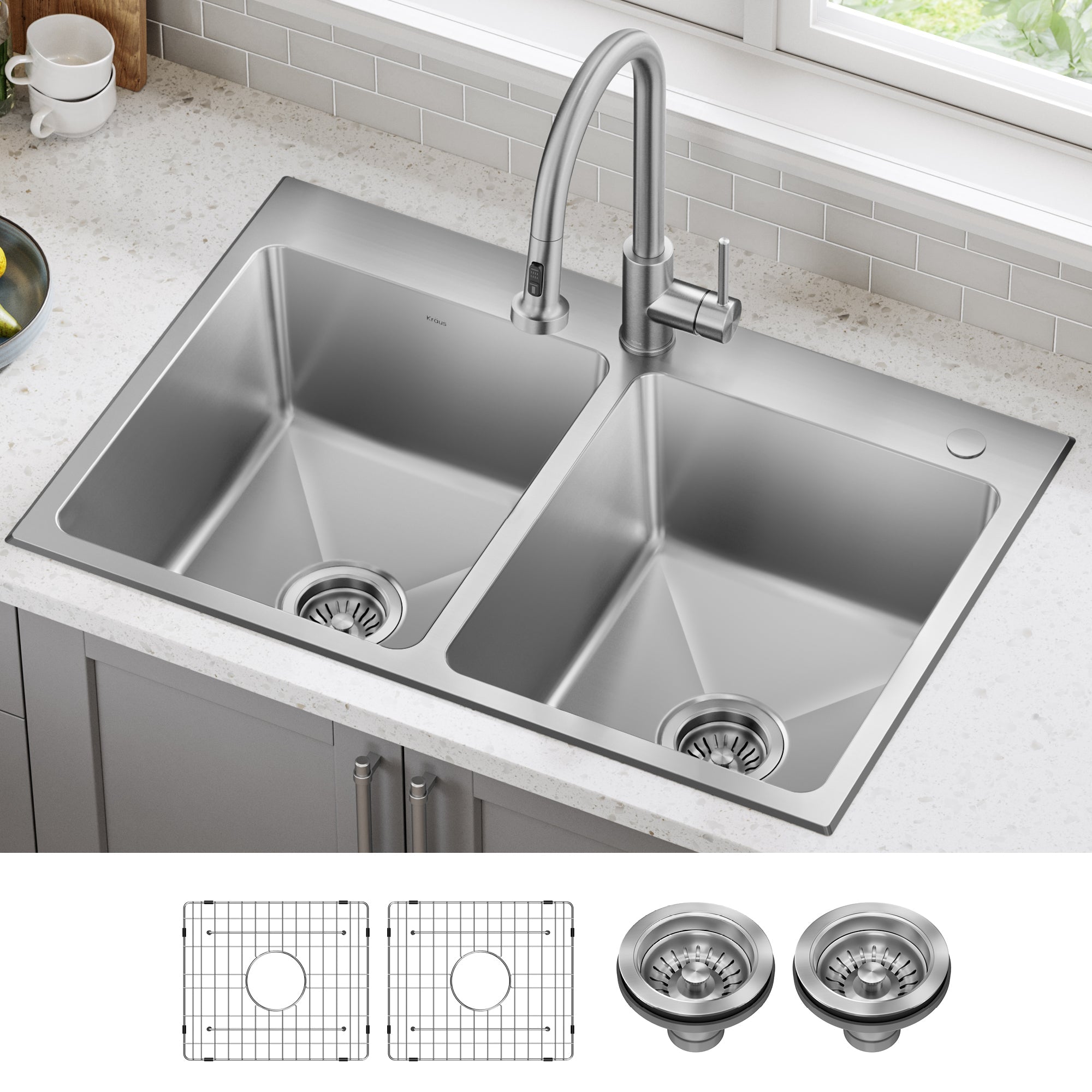 KRAUS 33” Topmount Double Bowl Stainless Steel Kitchen Sink - KHT632-33