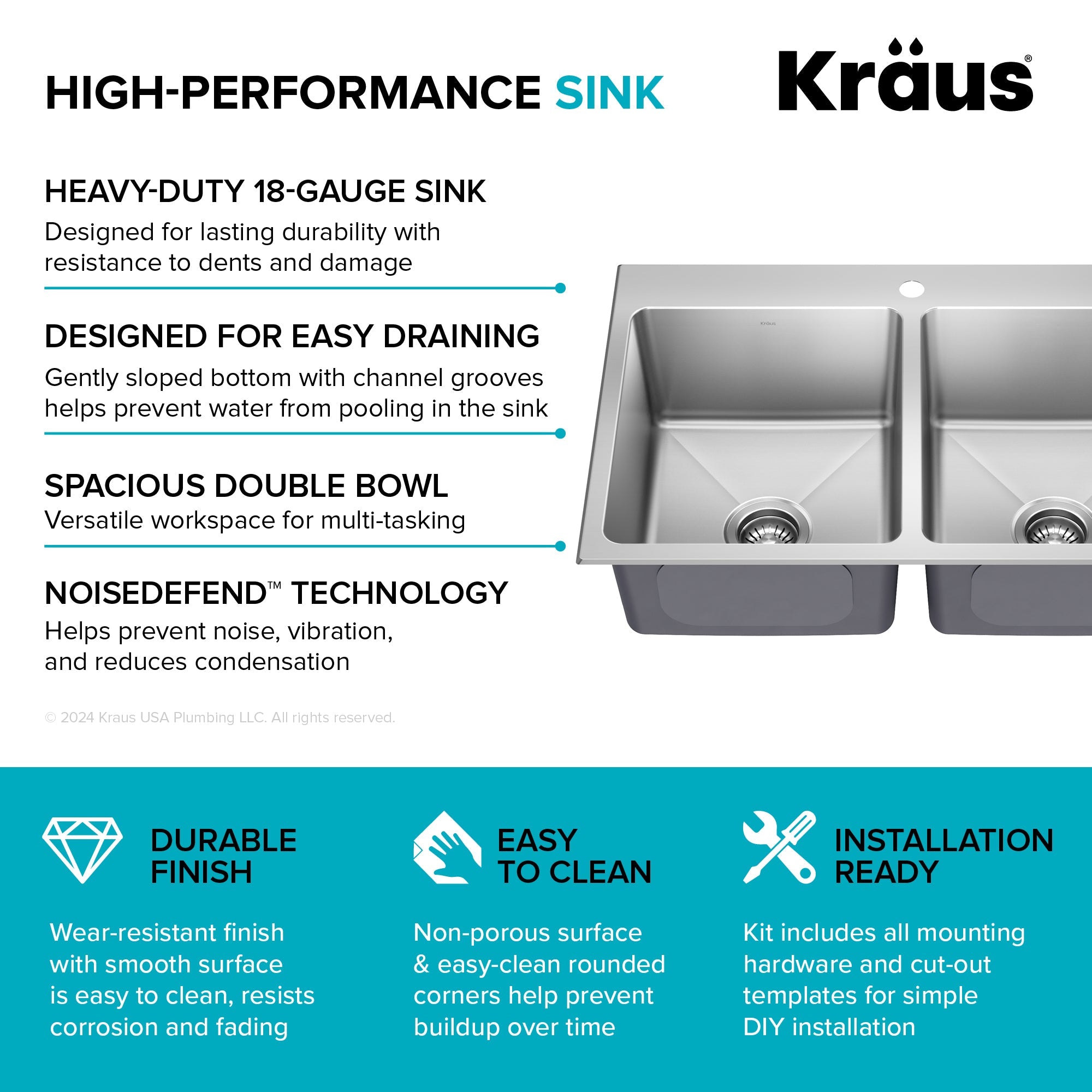 KRAUS 33” Topmount Double Bowl Stainless Steel Kitchen Sink - KHT632-33