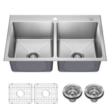 KRAUS 33” Topmount Double Bowl Stainless Steel Kitchen Sink - KHT632-33