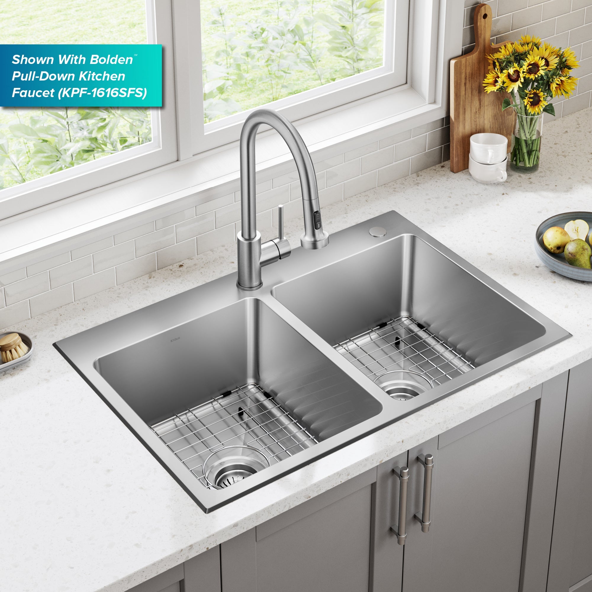 KRAUS 33” Topmount Double Bowl Stainless Steel Kitchen Sink - KHT632-33
