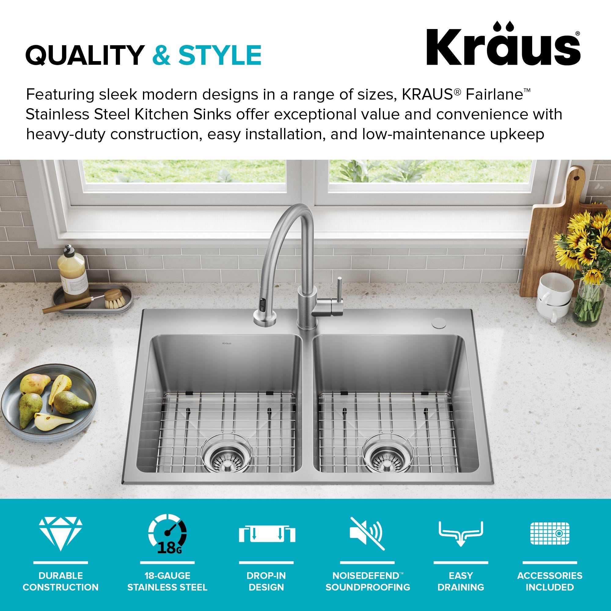 KRAUS 33” Topmount Double Bowl Stainless Steel Kitchen Sink - KHT632-33