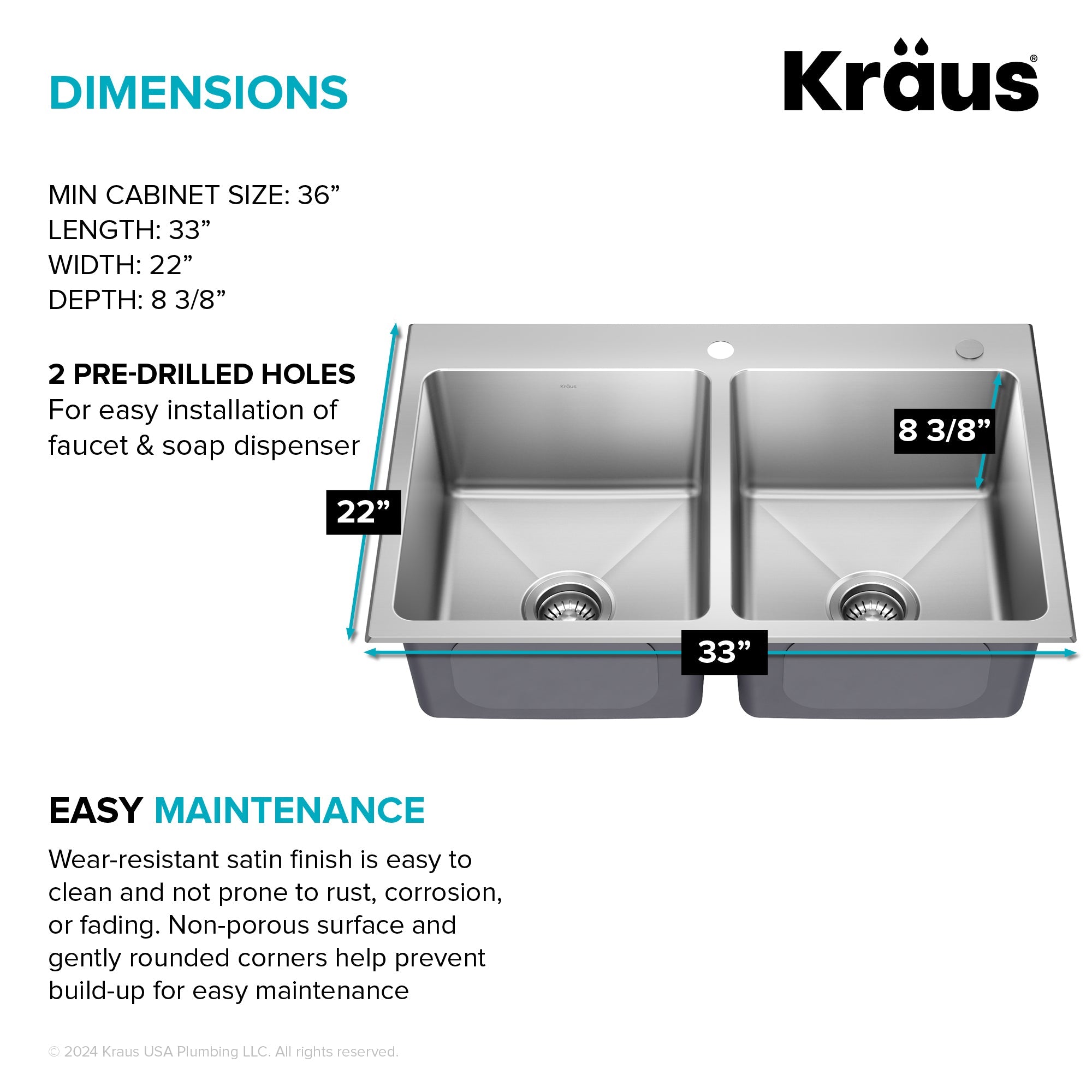 KRAUS 33” Topmount Double Bowl Stainless Steel Kitchen Sink - KHT632-33
