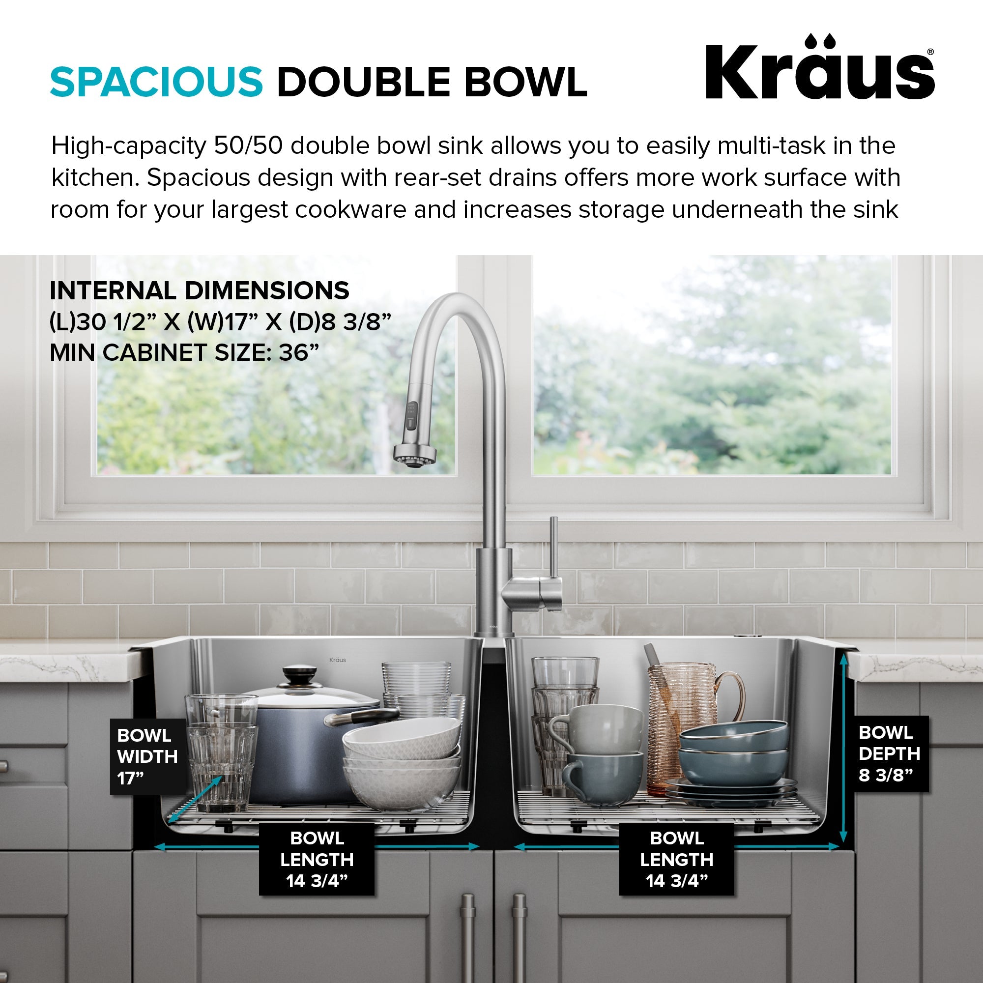 KRAUS 33” Topmount Double Bowl Stainless Steel Kitchen Sink - KHT632-33