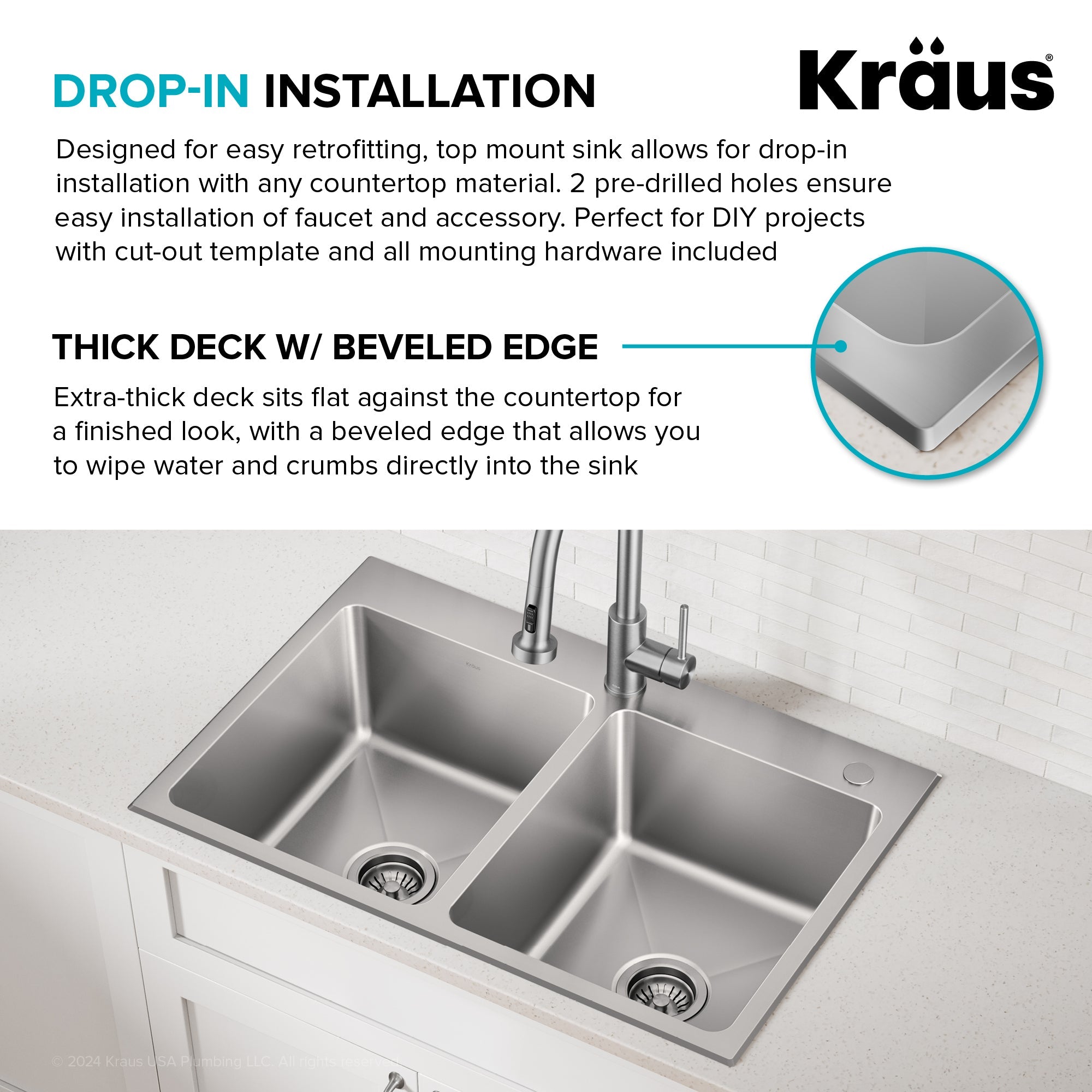 KRAUS 33” Topmount Double Bowl Stainless Steel Kitchen Sink - KHT632-33