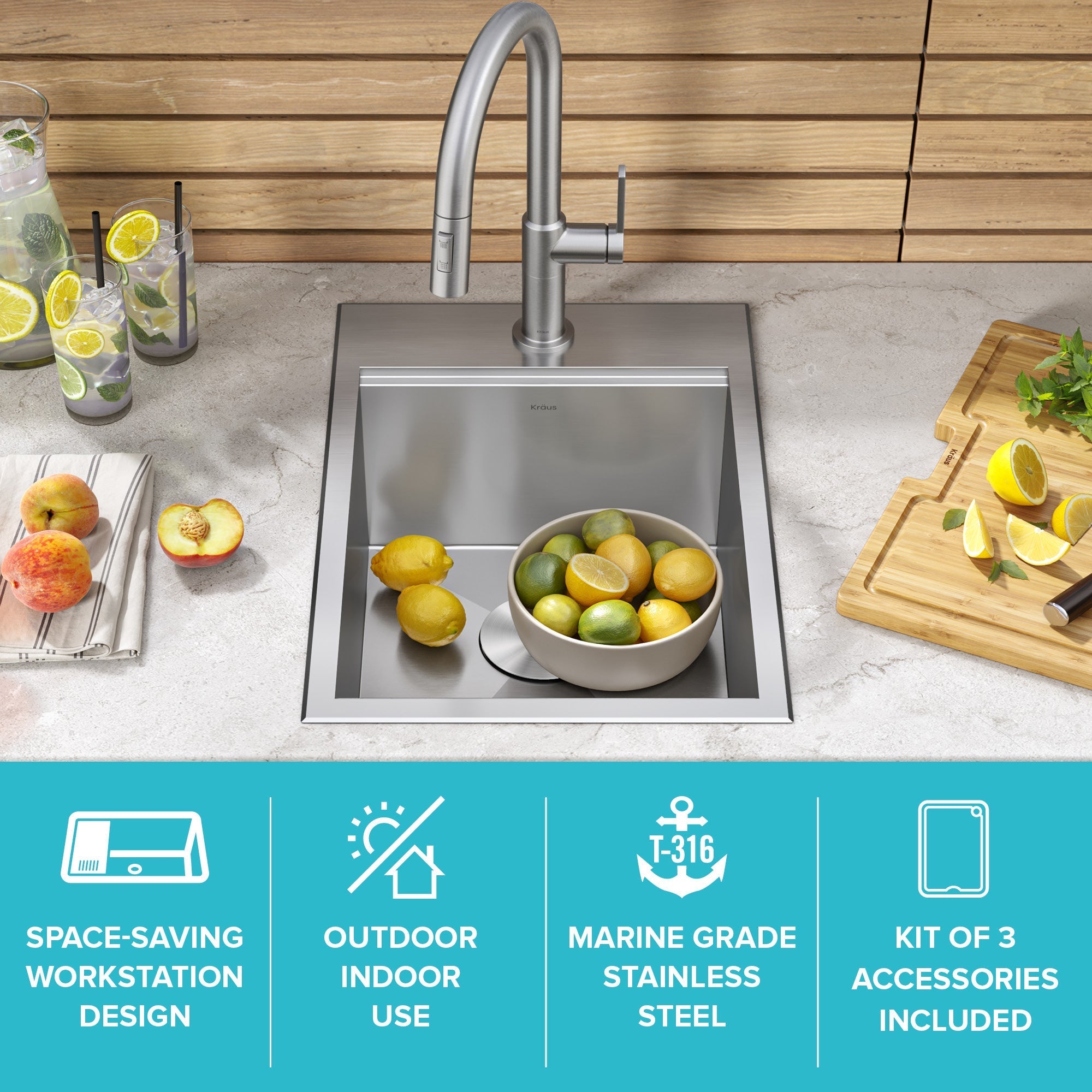KRAUS 15" x 22" Outdoor Marine Grade Workstation Drop-In T-316 Stainless Steel Bar Sink - KWT311-15-316