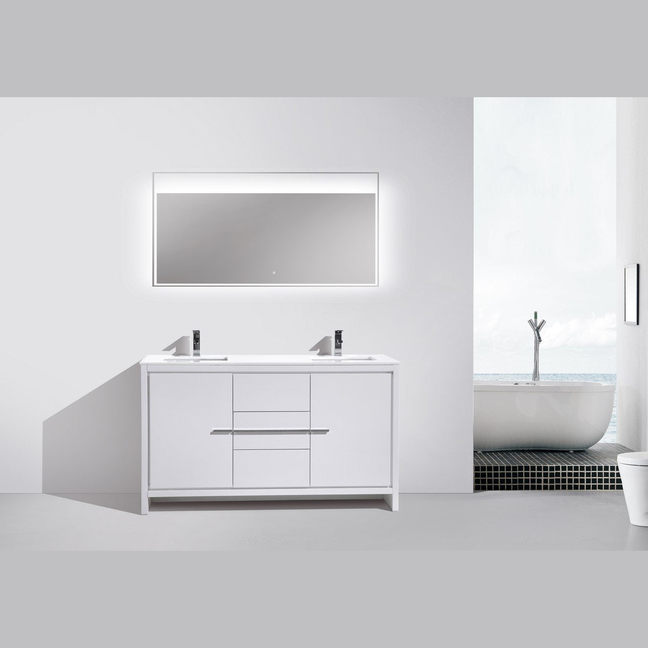 KubeBath Dolce 60 in. Freestanding Double Sink Modern Bathroom Vanity with White Quartz Counter-Top and Cabinet Color Options - AD660DGW