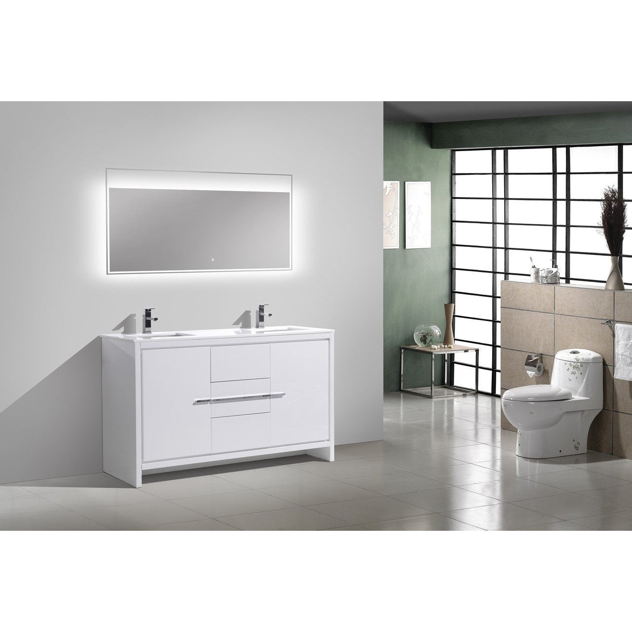 KubeBath Dolce 60 in. Freestanding Double Sink Modern Bathroom Vanity with White Quartz Counter-Top and Cabinet Color Options - AD660DGW