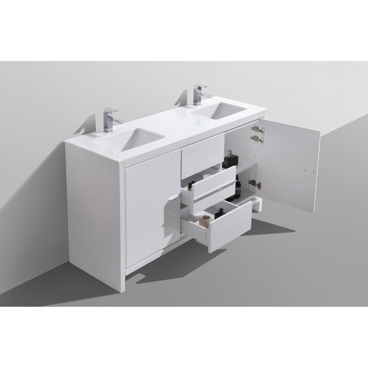 KubeBath Dolce 60 in. Freestanding Double Sink Modern Bathroom Vanity with White Quartz Counter-Top and Cabinet Color Options - AD660DGW