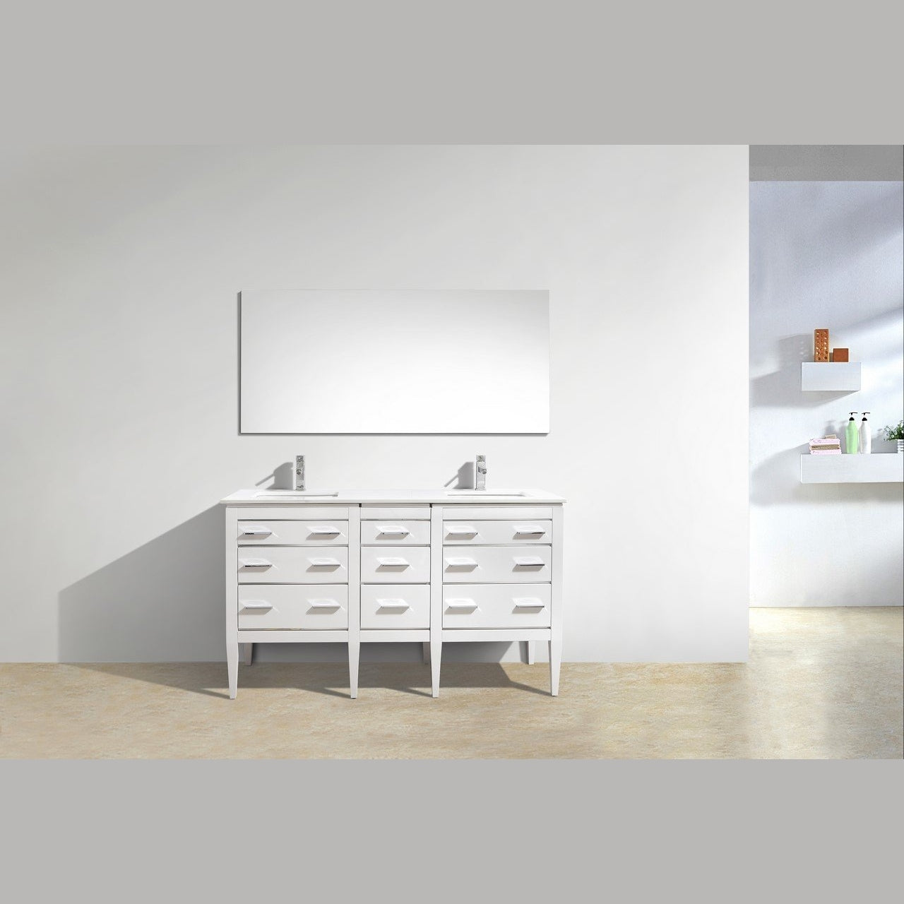 KubeBath Eiffel 60 in. Double Sink Vanity with Quartz Counter Top and White Lacquer Cabinets - E60-GW