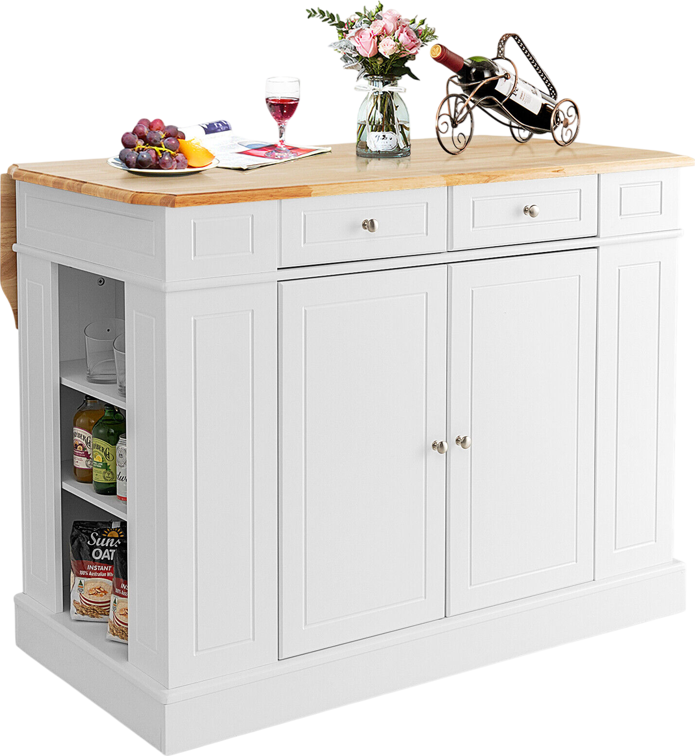 Costway Kitchen Island with Drop Leaf Countertop and 3-Level Adjustable Shelves New - JV10444WH+