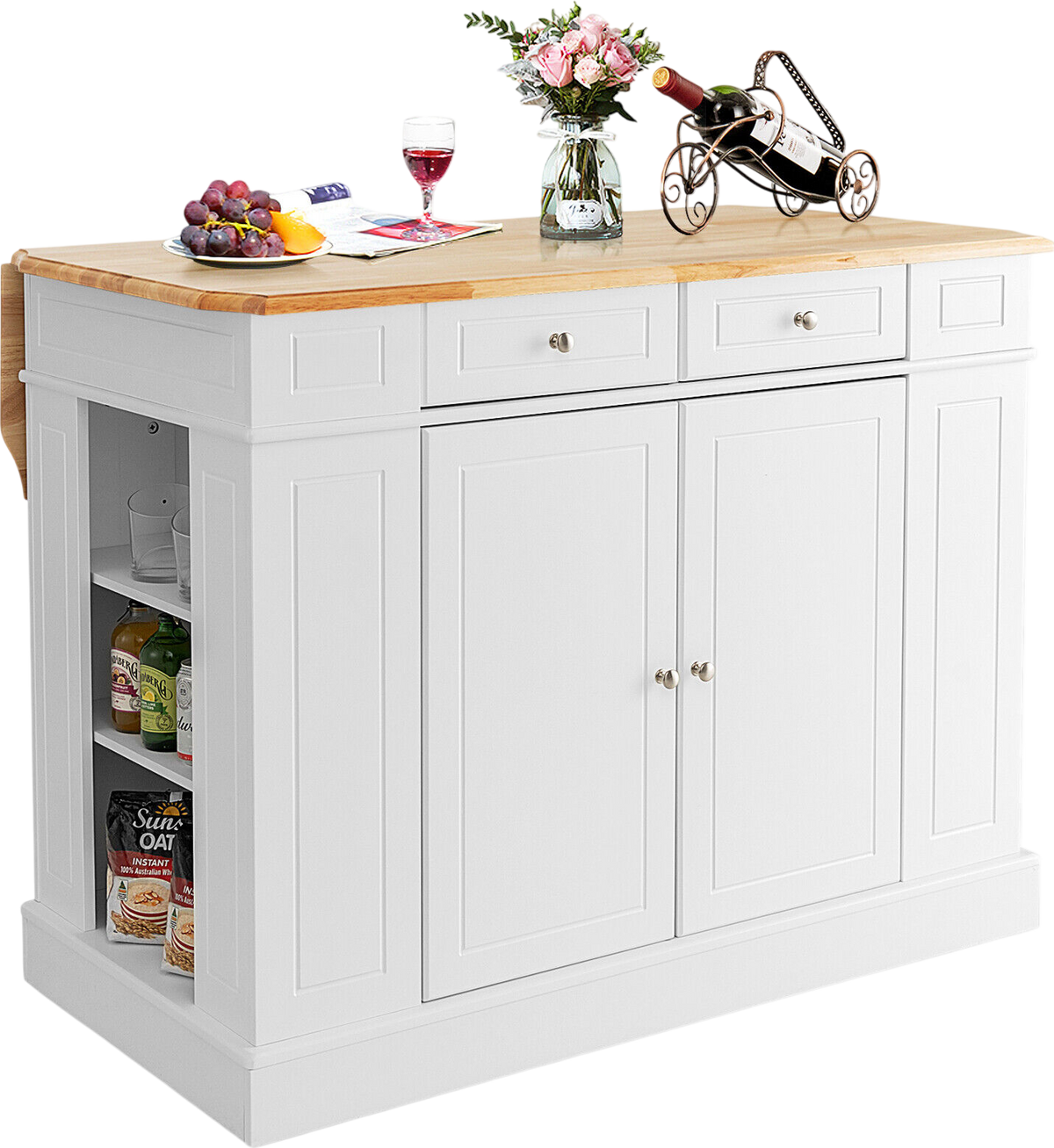 Costway Kitchen Island with Drop Leaf Countertop and 3-Level Adjustable Shelves New - JV10444WH+